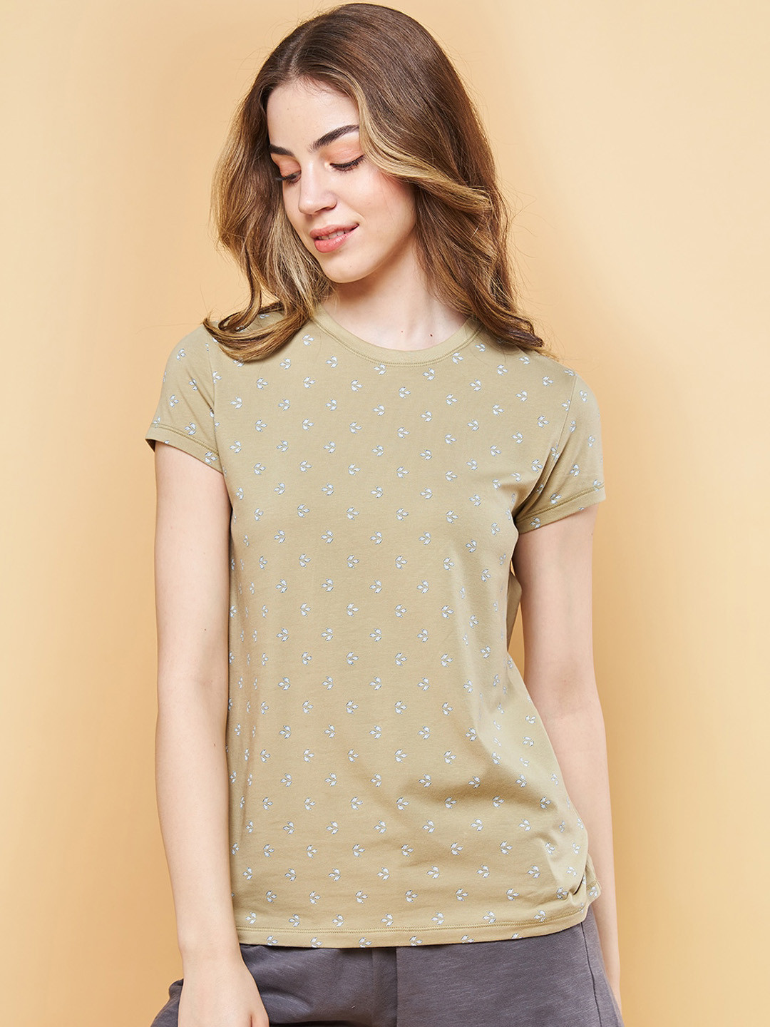 

Enamor Women Printed Slim Fit Cotton Lounge Tshirts, Green