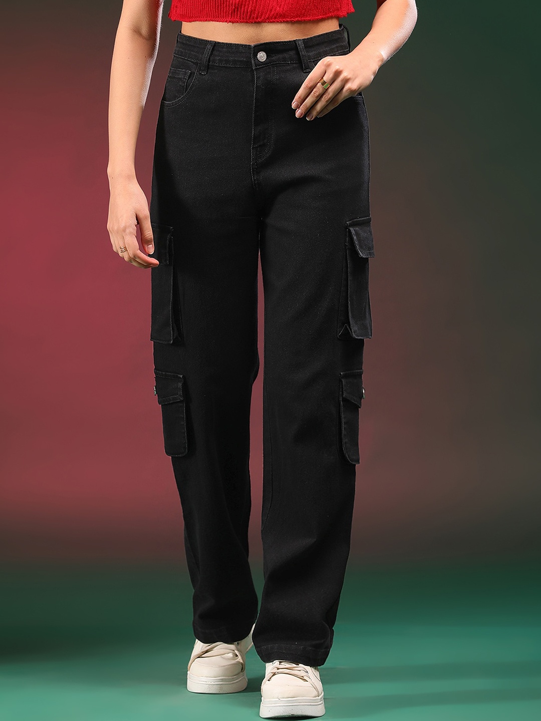 

Stylecast X Kotty Women Jean Straight Fit High-Rise Stretchable Cargo Jeans, Black