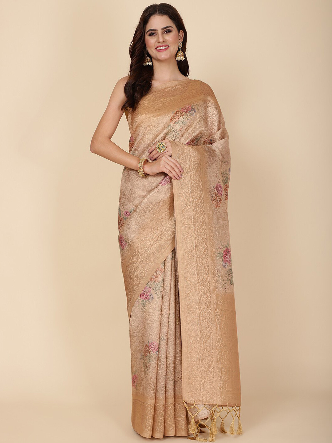 

Meena Bazaar Ethnic Motifs Woven Design Zari Saree, Beige