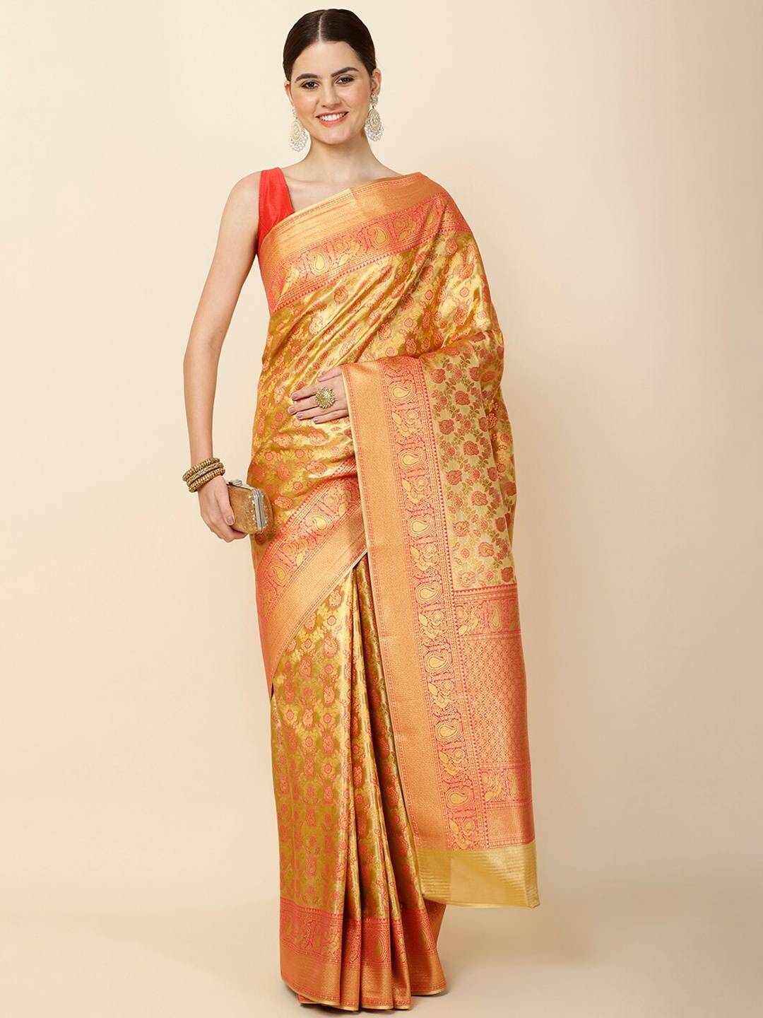 

Meena Bazaar Ethnic Motifs Woven Design Zari Tissue Saree, Pink