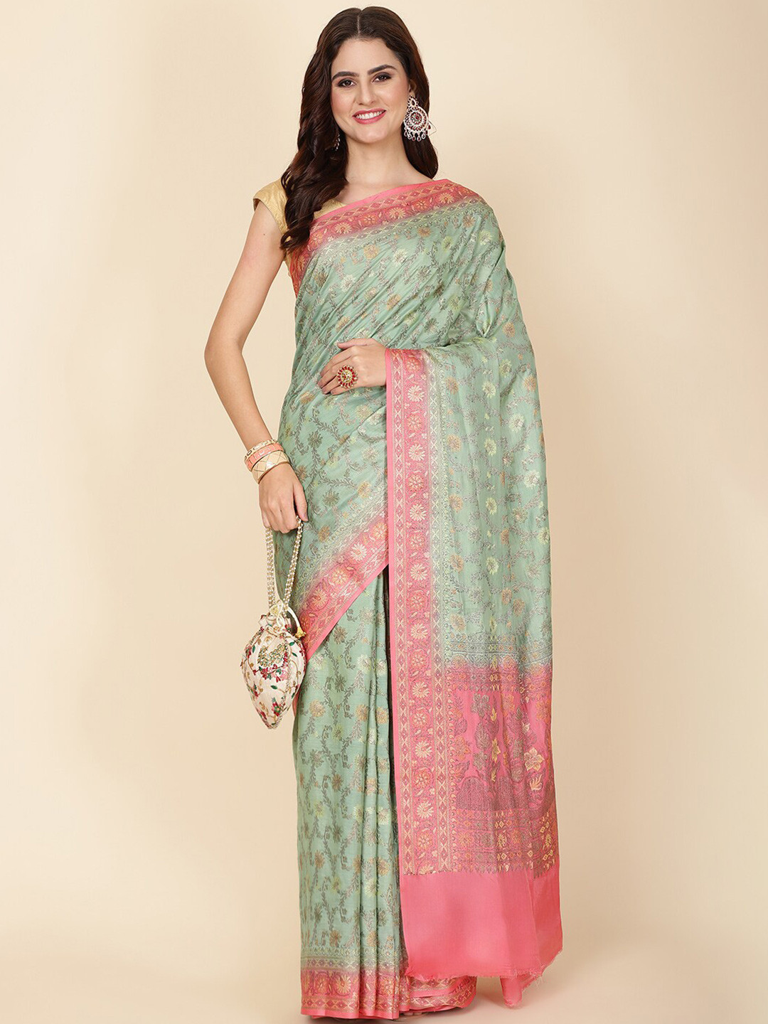 

Meena Bazaar Woven Design Zari Tussar Saree, Green