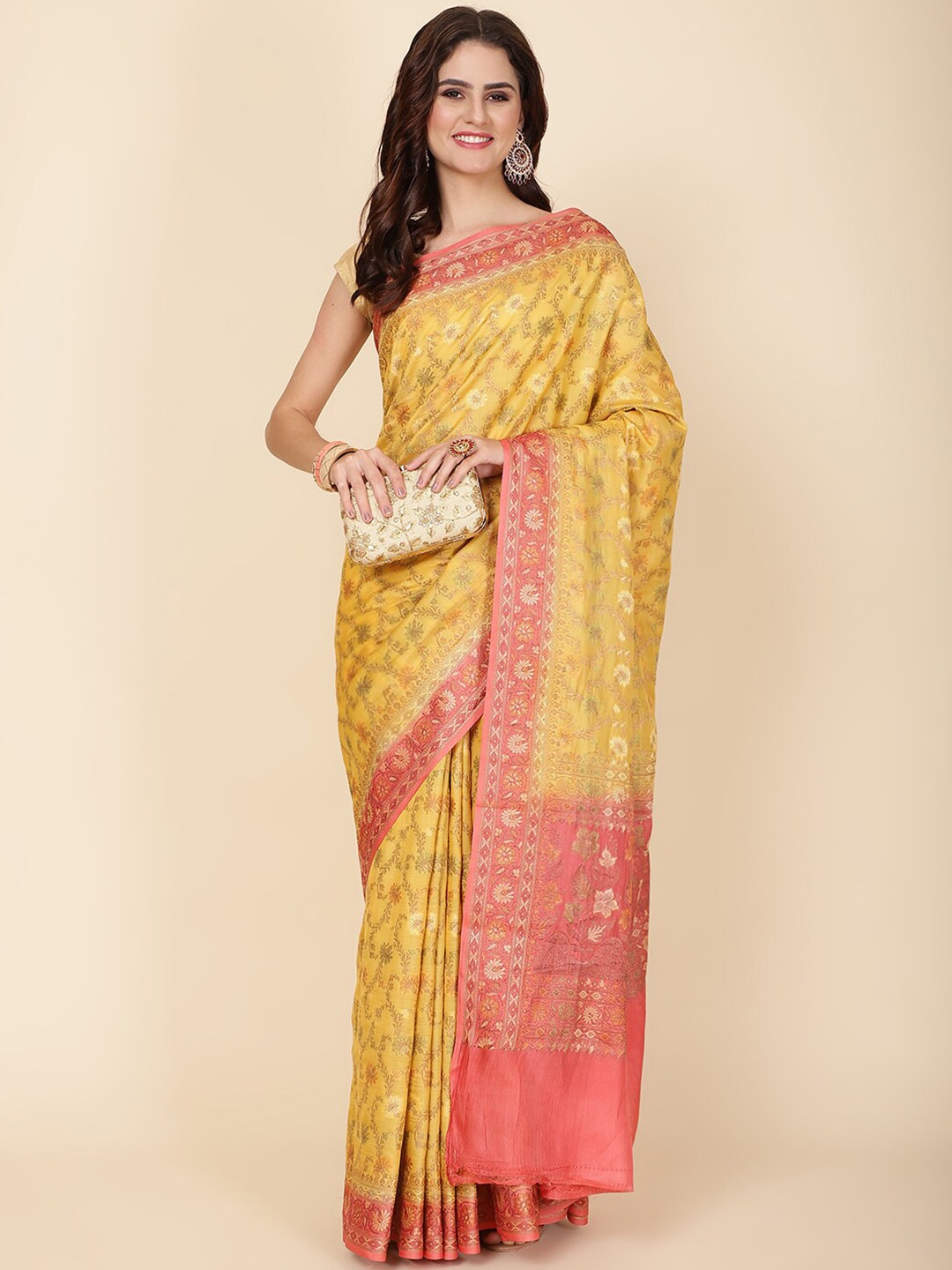 

Meena Bazaar Floral Woven Design Zari Art Silk Tussar Saree, Mustard