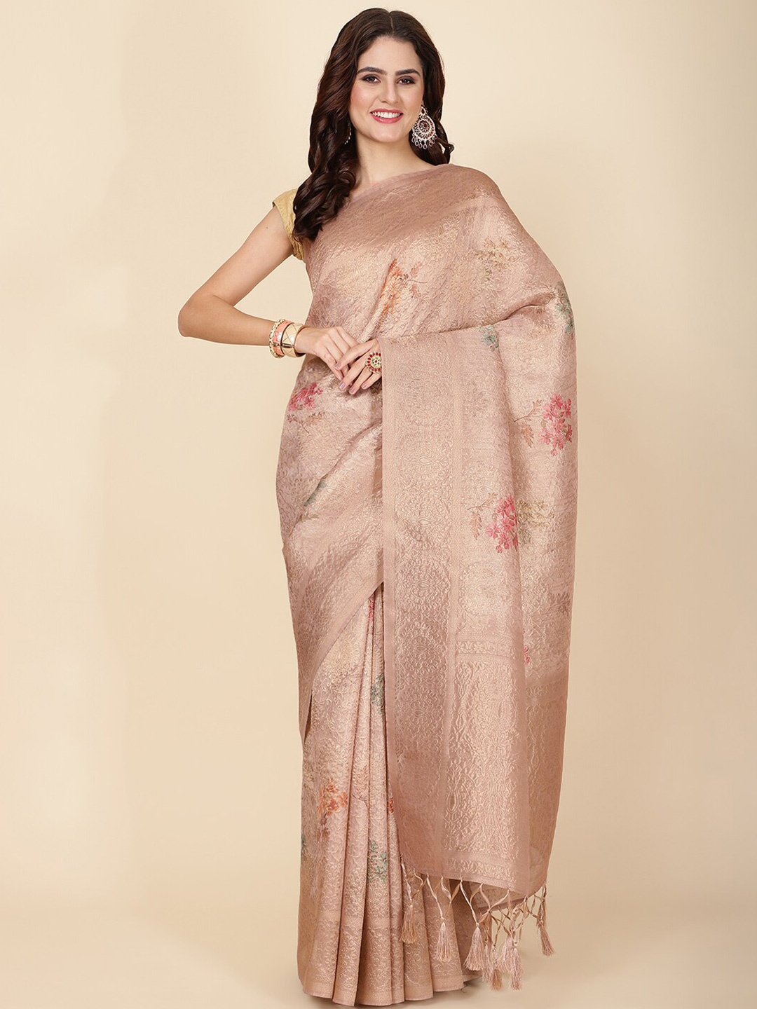 

Meena Bazaar Woven Design Zari Saree, Peach