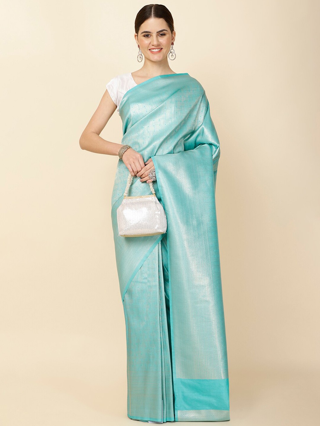 

Meena Bazaar Woven Design Zari Saree, Sea green
