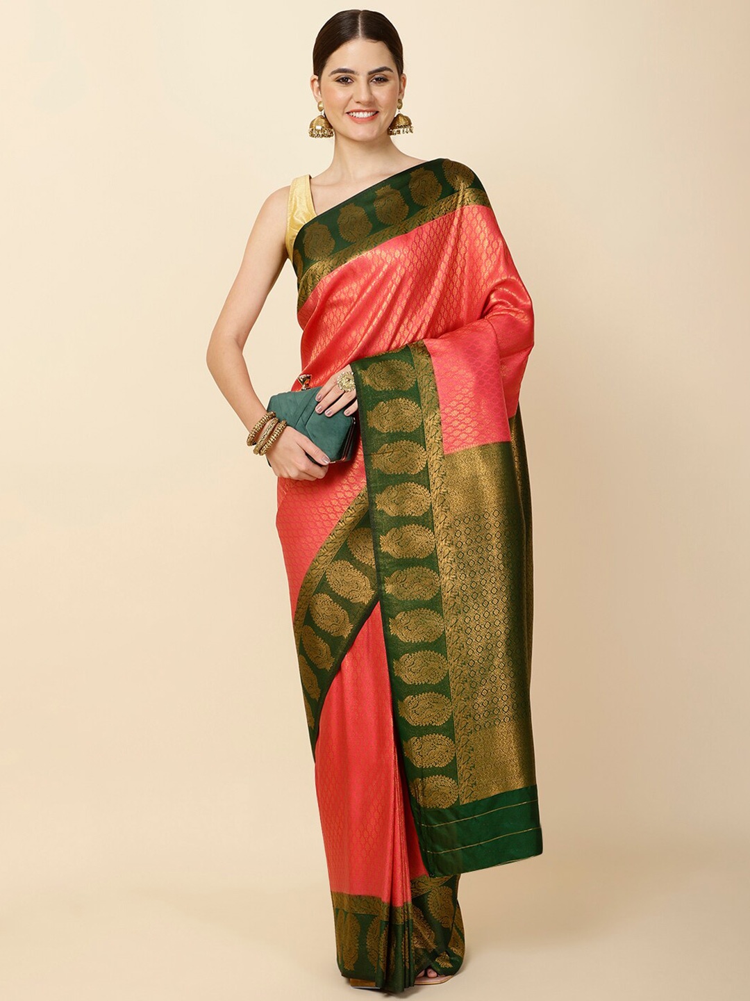 

Meena Bazaar Floral Woven Design Zari Art Silk Saree, Pink