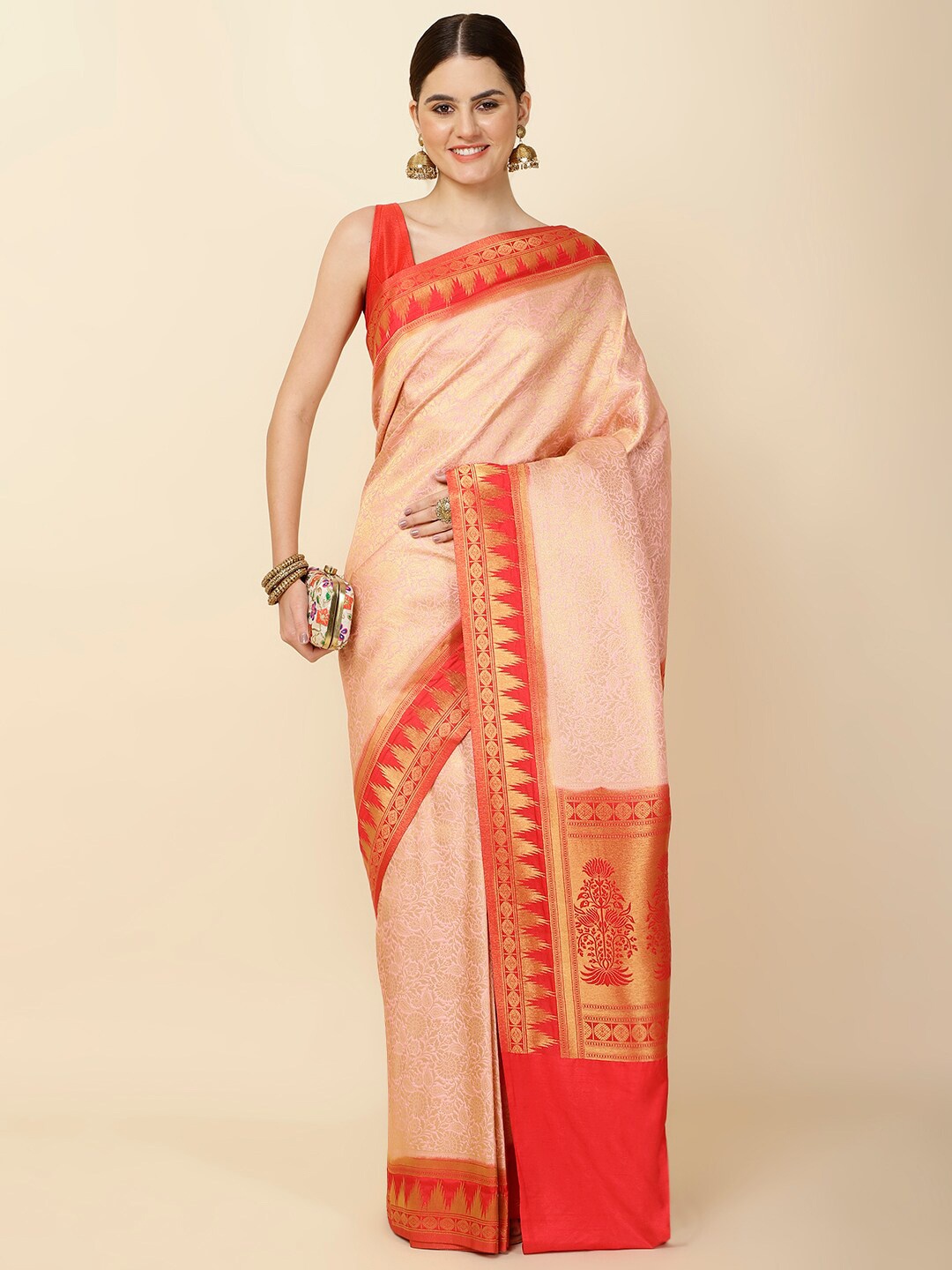 

Meena Bazaar Floral Woven Design Zari Art Silk Saree, Peach