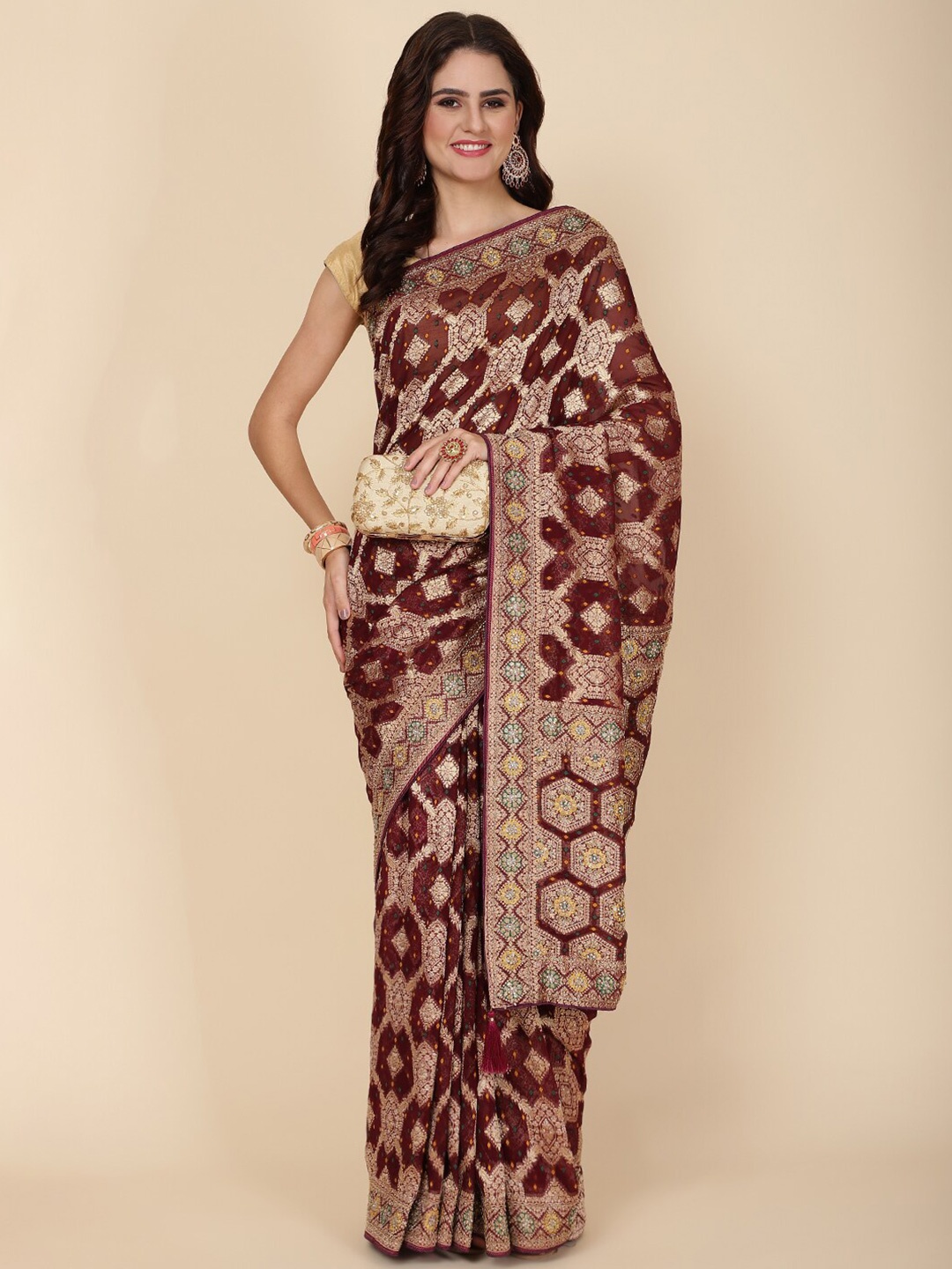 

Meena Bazaar Ethnic Motifs Woven Design Zari Saree, Burgundy