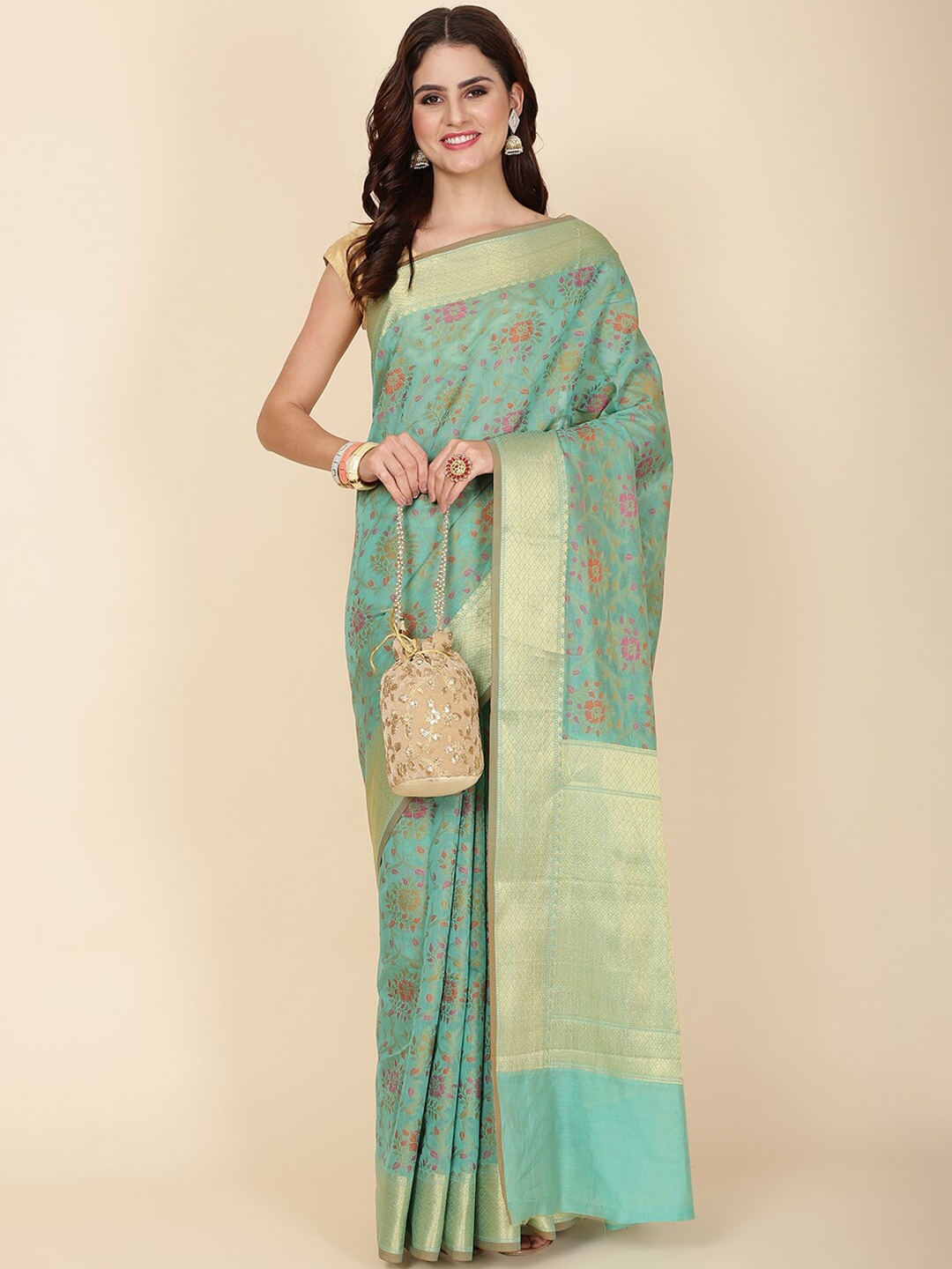

Meena Bazaar Floral Woven Design Zari Saree, Sea green