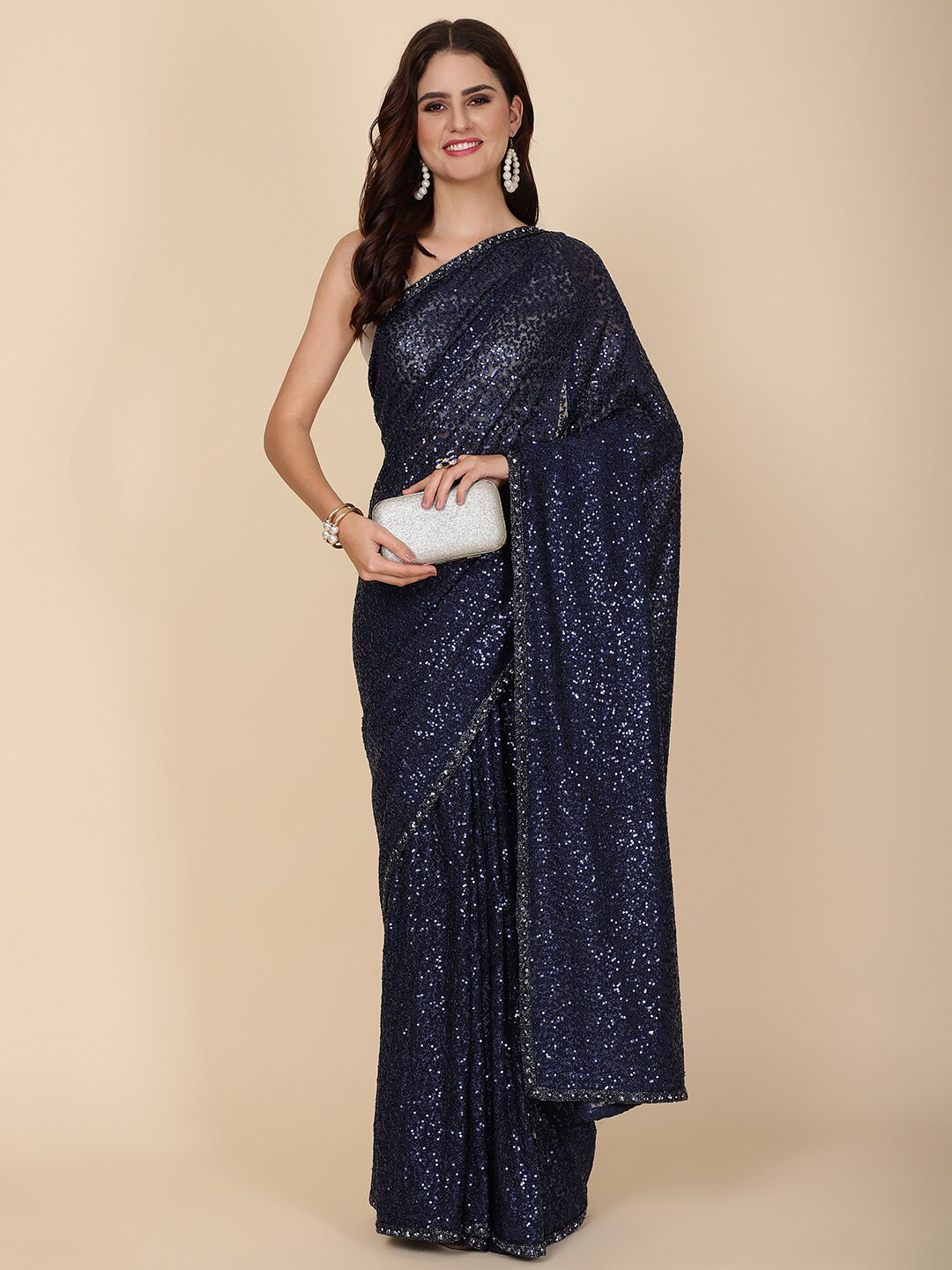 

Meena Bazaar Embellished Sequinned Net Saree, Navy blue