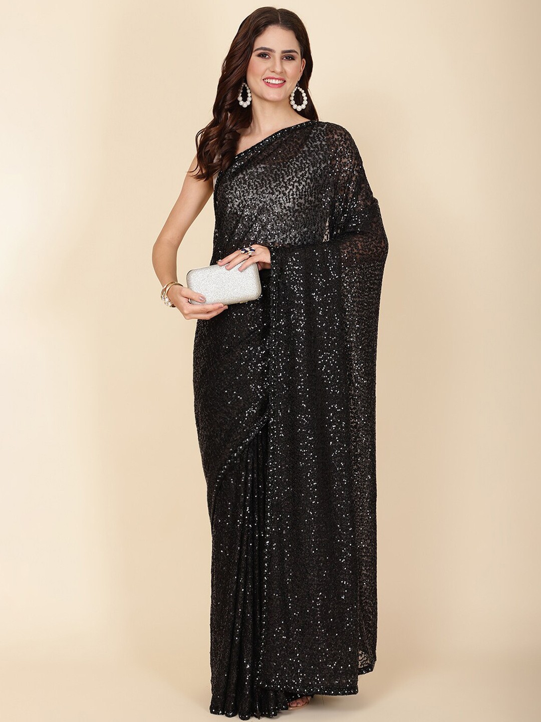 

Meena Bazaar Embellished Sequinned Net Saree, Black