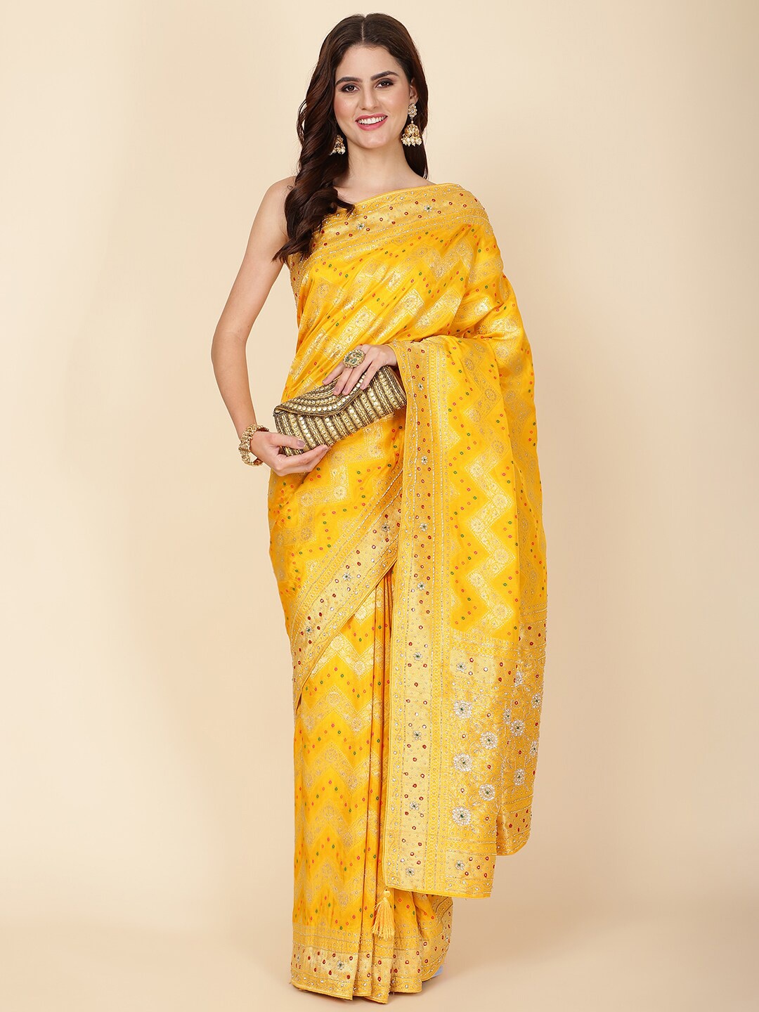 

Meena Bazaar Bandhani Woven Design Saree, Mustard