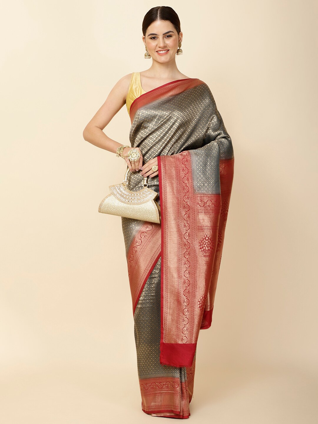 

Meena Bazaar Geometric Woven Design Zari Saree, Grey