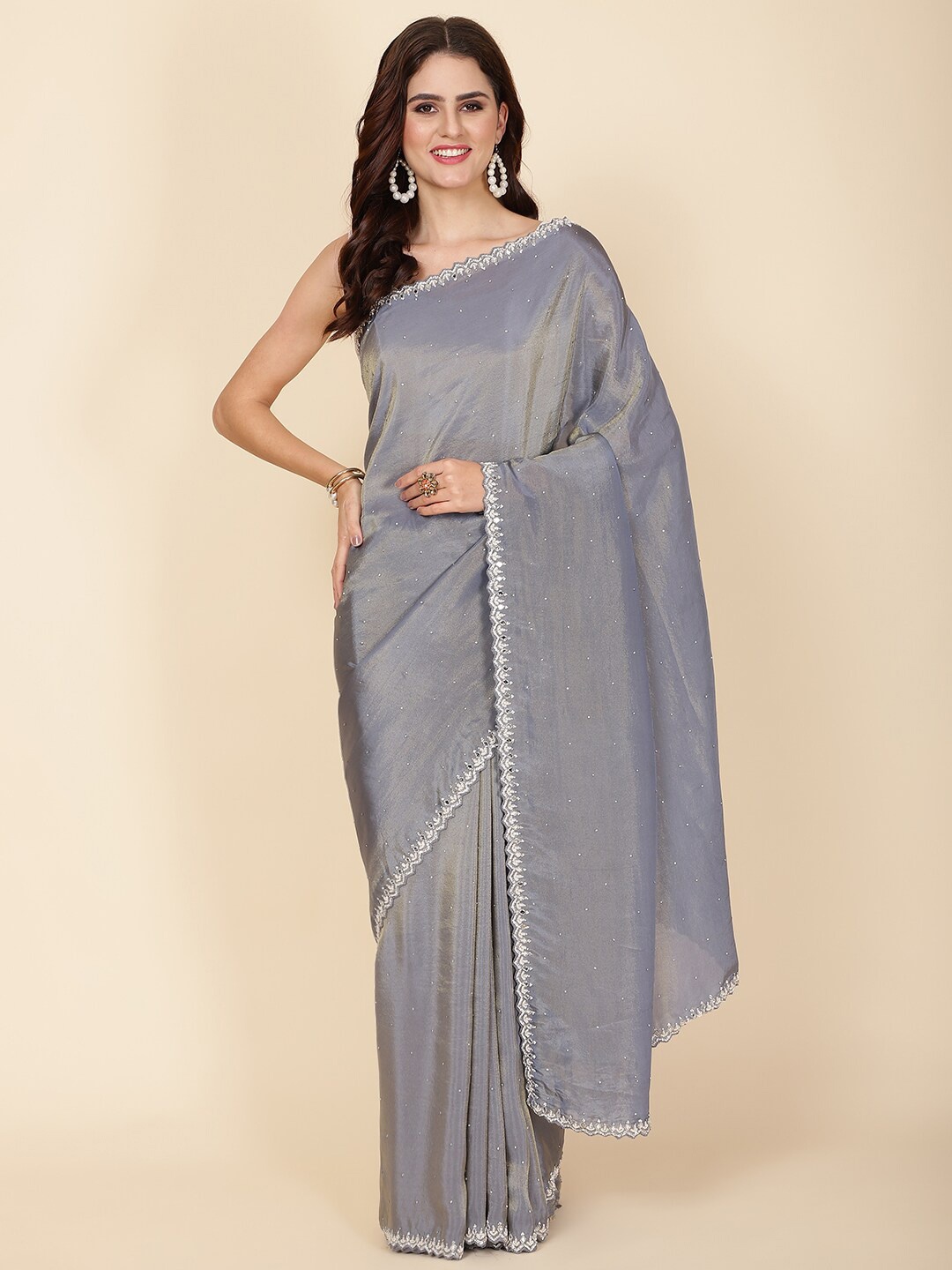 

Meena Bazaar Beads and Stones Embellished Tissue Saree, Grey