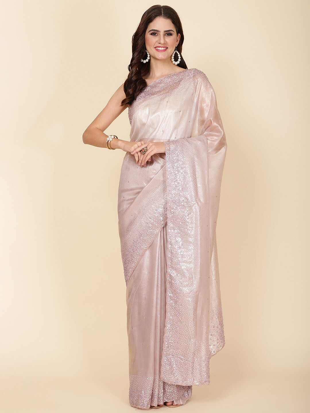 

Meena Bazaar Embellished Beads and Stones Tissue Saree, Mauve