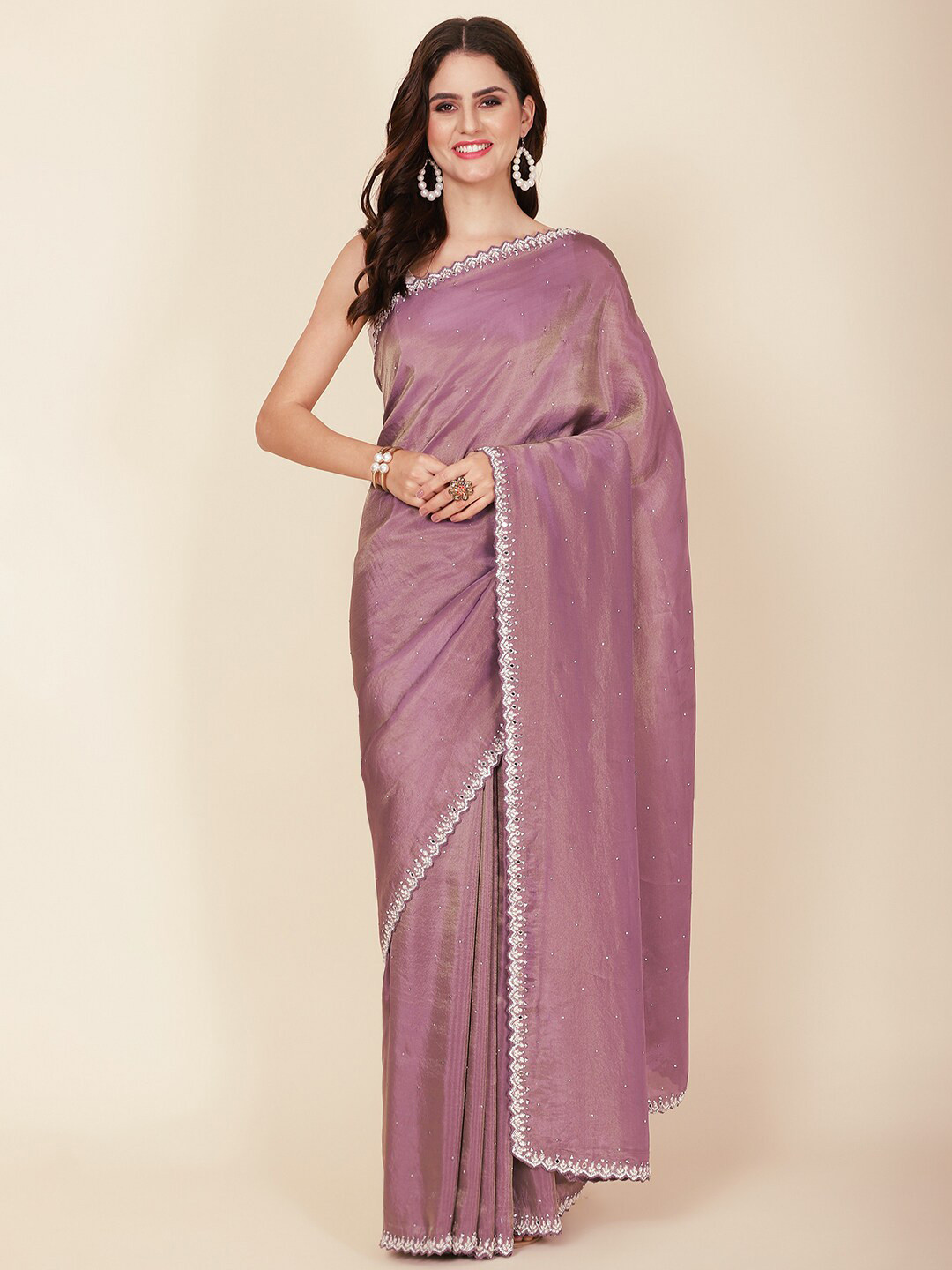 

Meena Bazaar Embellished Beads & Stones Tissue Saree, Mauve