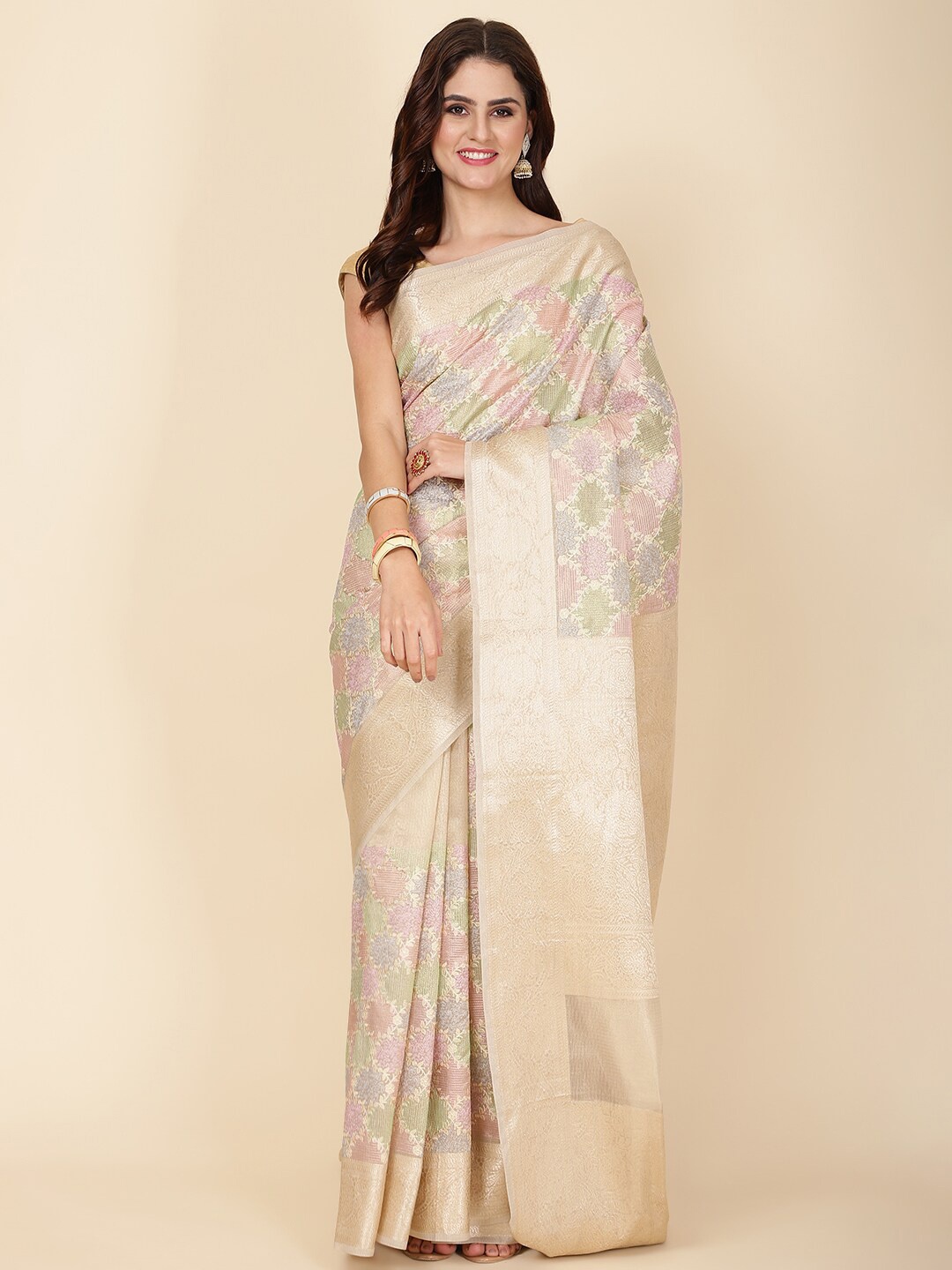 

Meena Bazaar Ethnic Woven Design Zari Tissue Saree, Beige