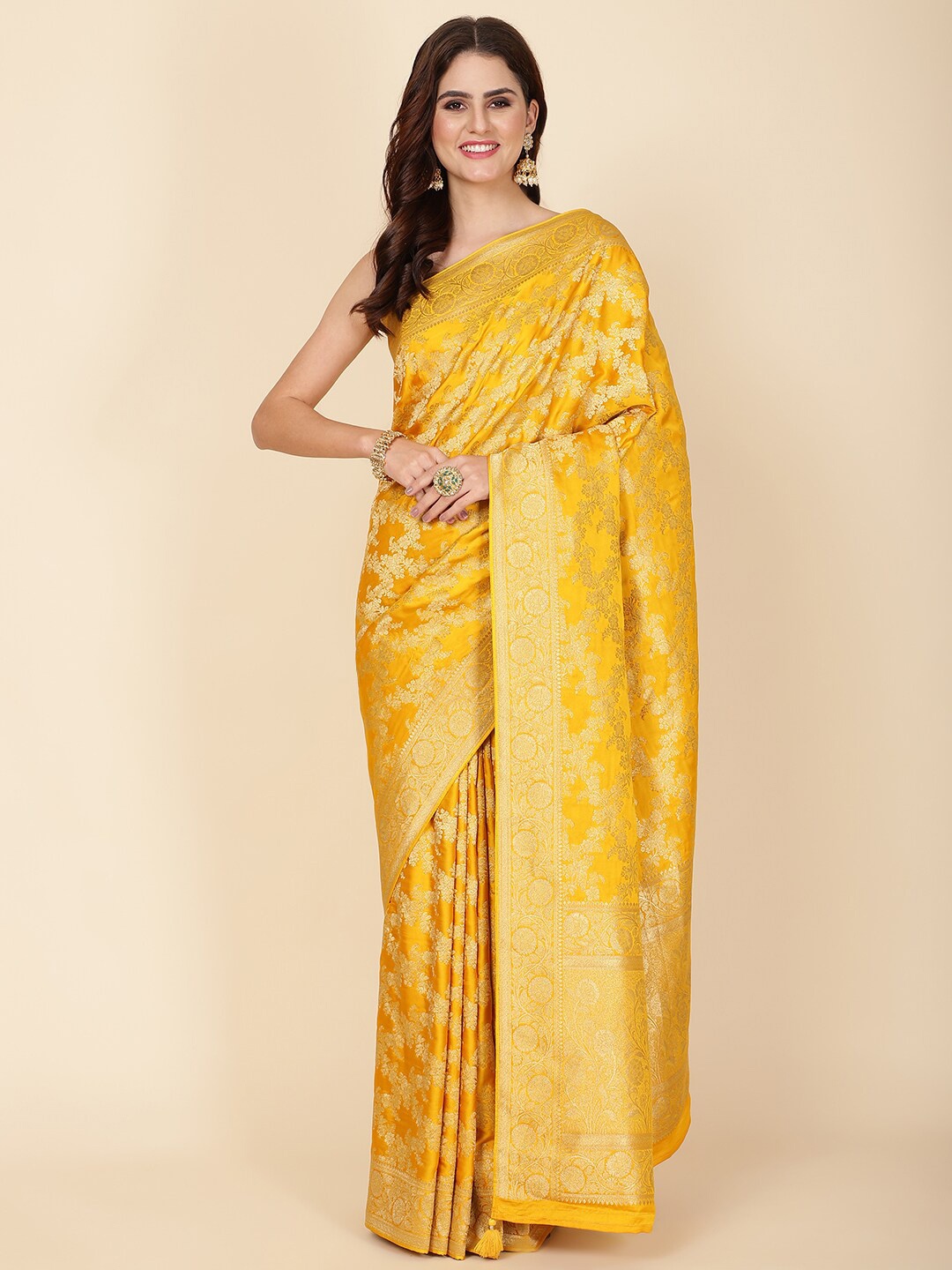 

Meena Bazaar Ethnic Motifs Woven Design Zari Saree, Mustard