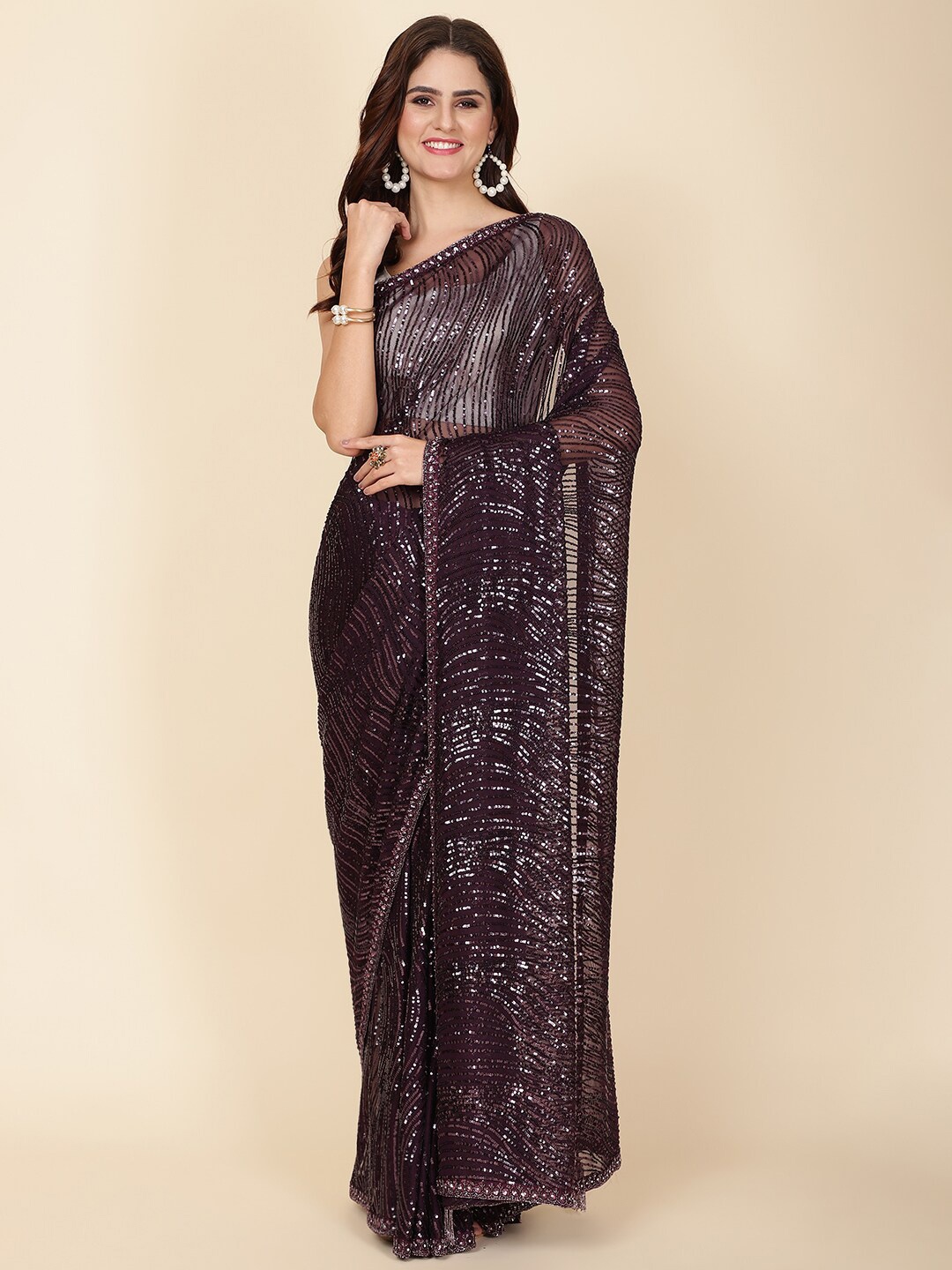

Meena Bazaar Sequinned Embellished Net Saree, Purple