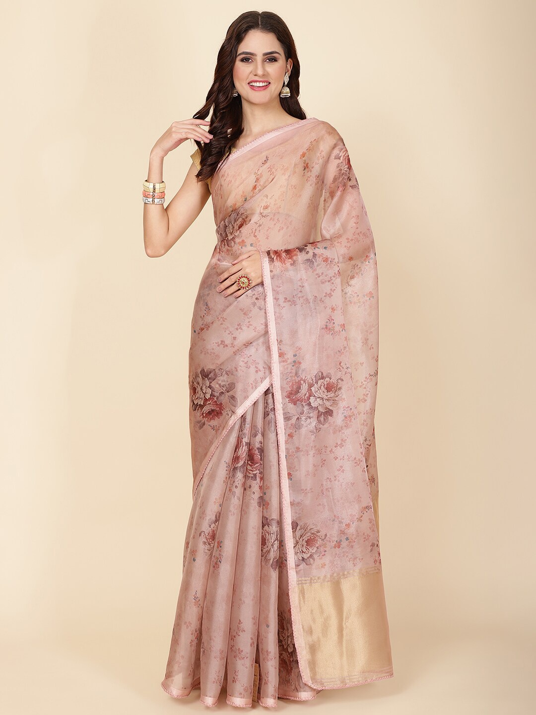 

Meena Bazaar Floral Printed Zari Organza Saree, Peach