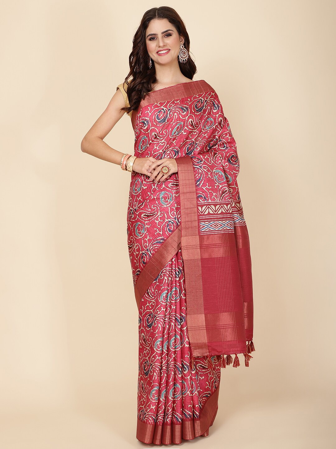 

Meena Bazaar Floral Zari Art Silk Saree, Pink