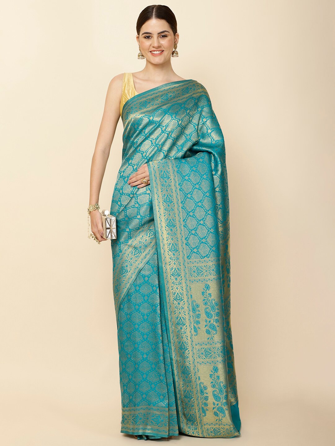 

Meena Bazaar Ethnic Motifs Woven Design Zari Art Silk Saree, Blue