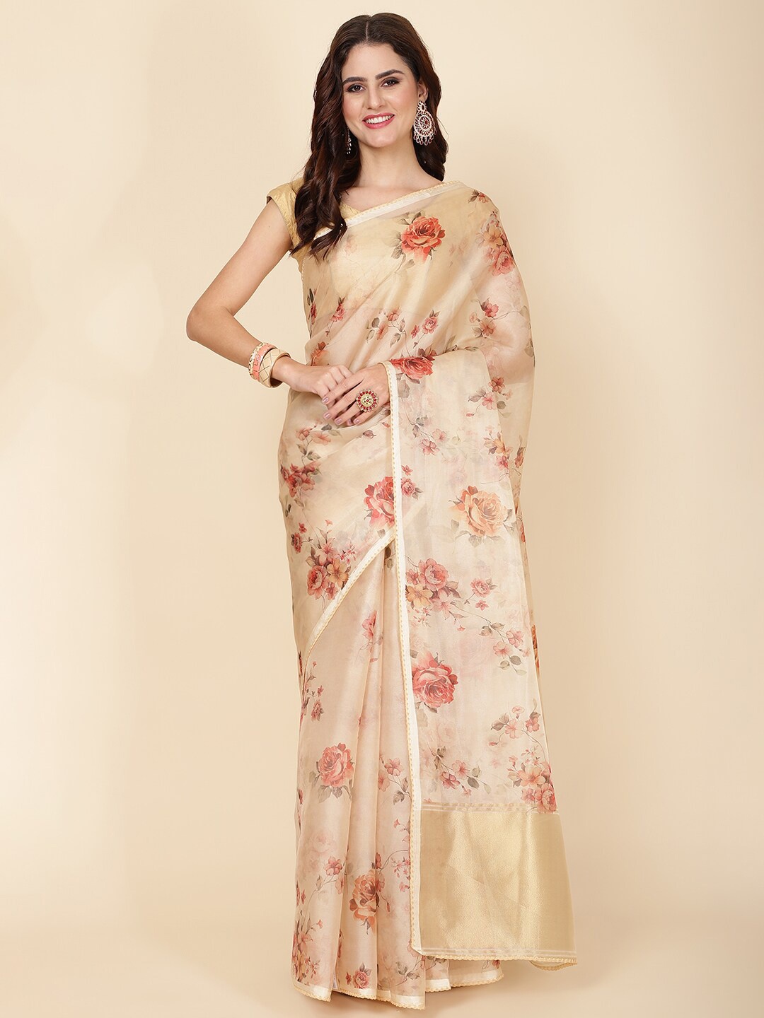 

Meena Bazaar Floral Organza Saree, Beige