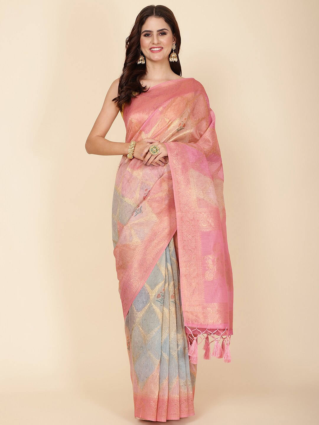 

Meena Bazaar Ethnic Motifs Woven Design Zari Saree, Pink