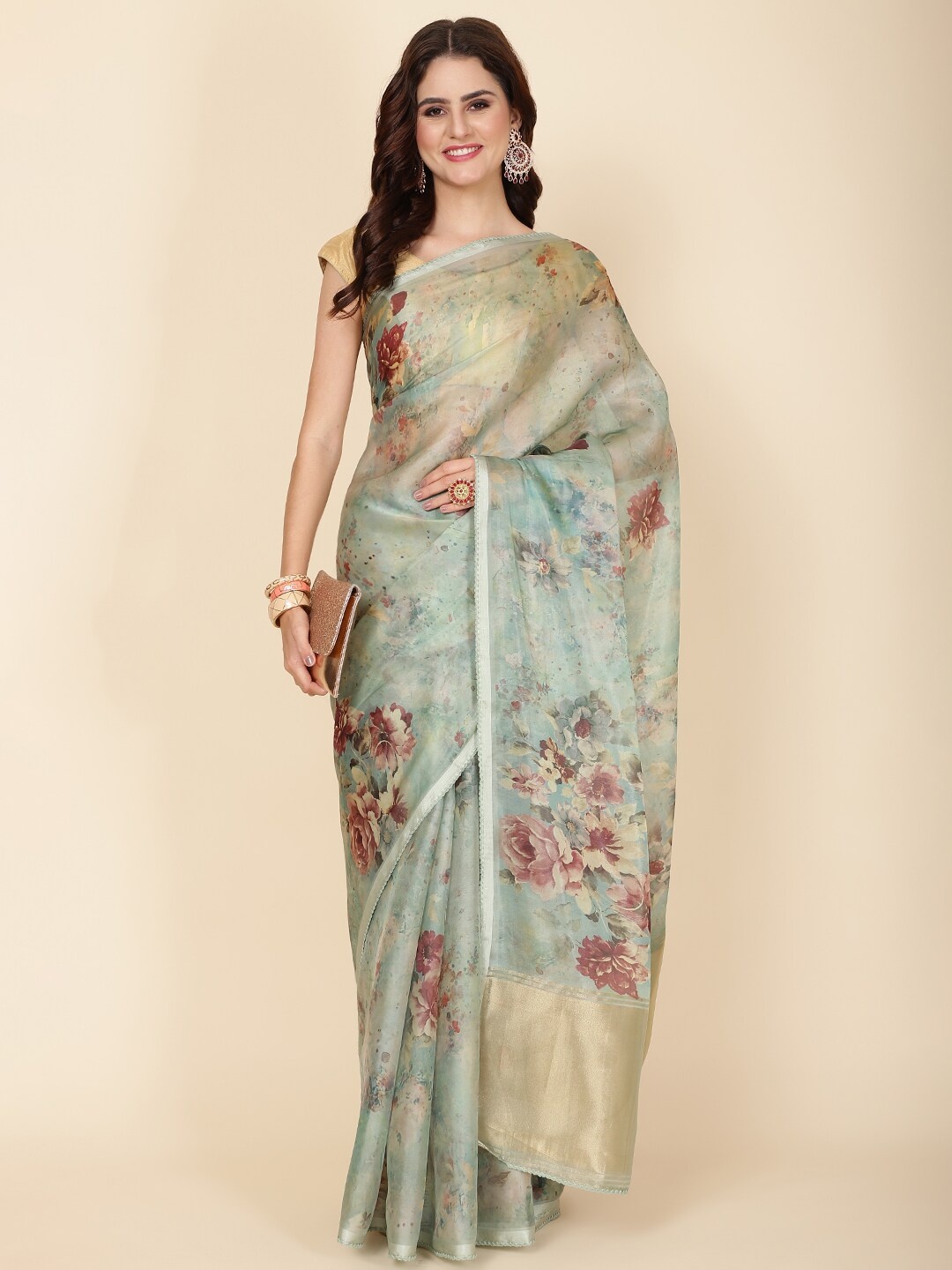 

Meena Bazaar Floral Printed Organza Saree, Green