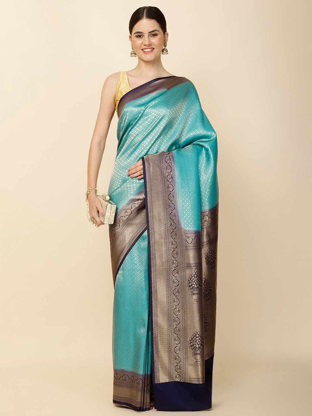 

Meena Bazaar Geometric Woven Design Zari Art Silk Saree, Blue