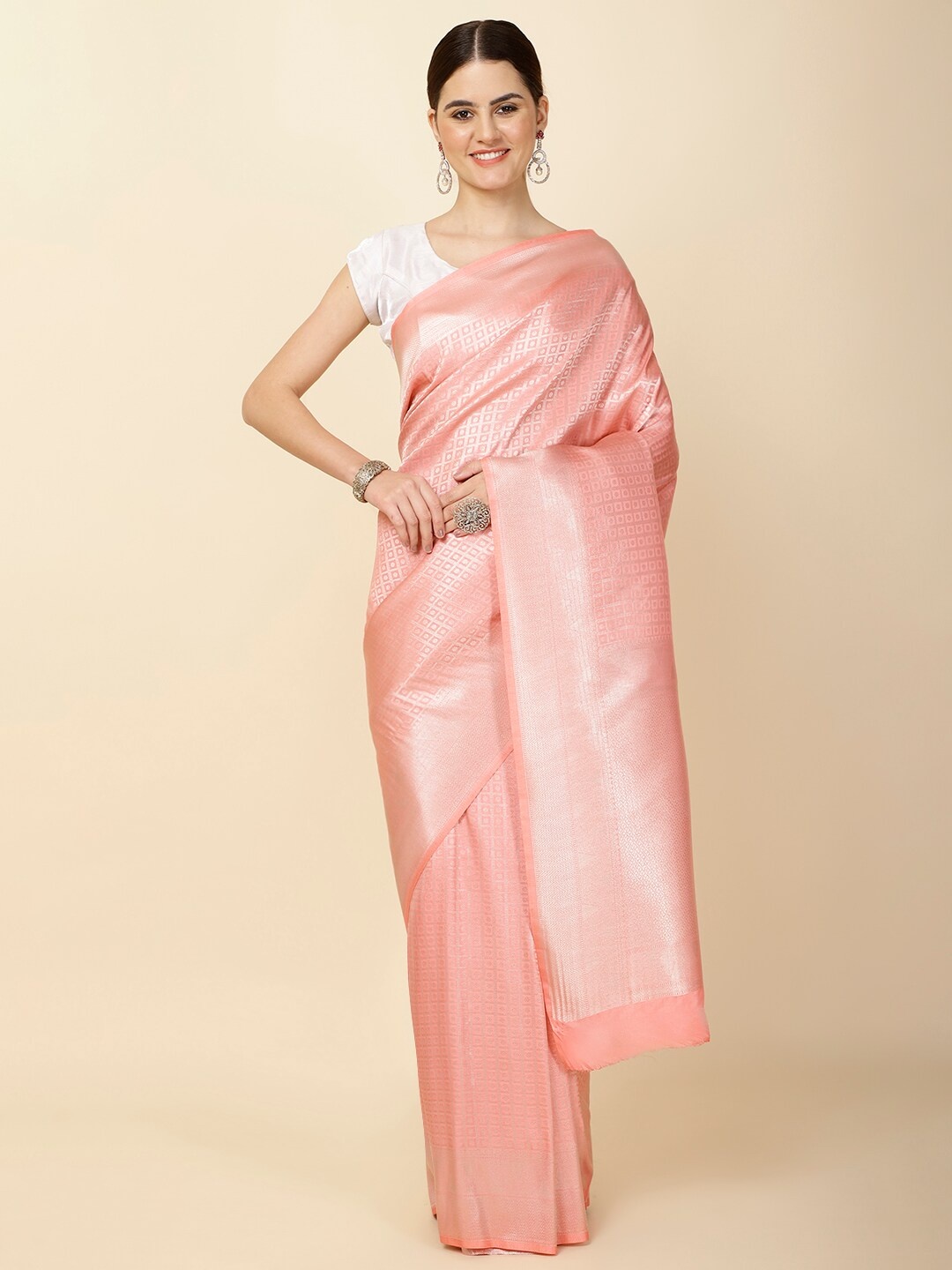

Meena Bazaar Geometric Woven Design Zari Saree, Peach
