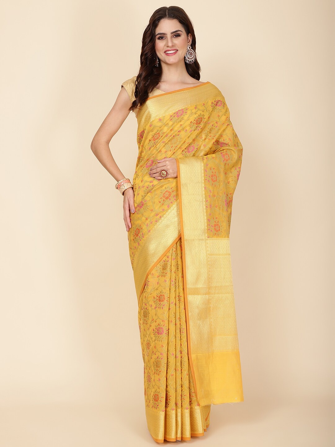 

Meena Bazaar Floral Zari Saree, Mustard