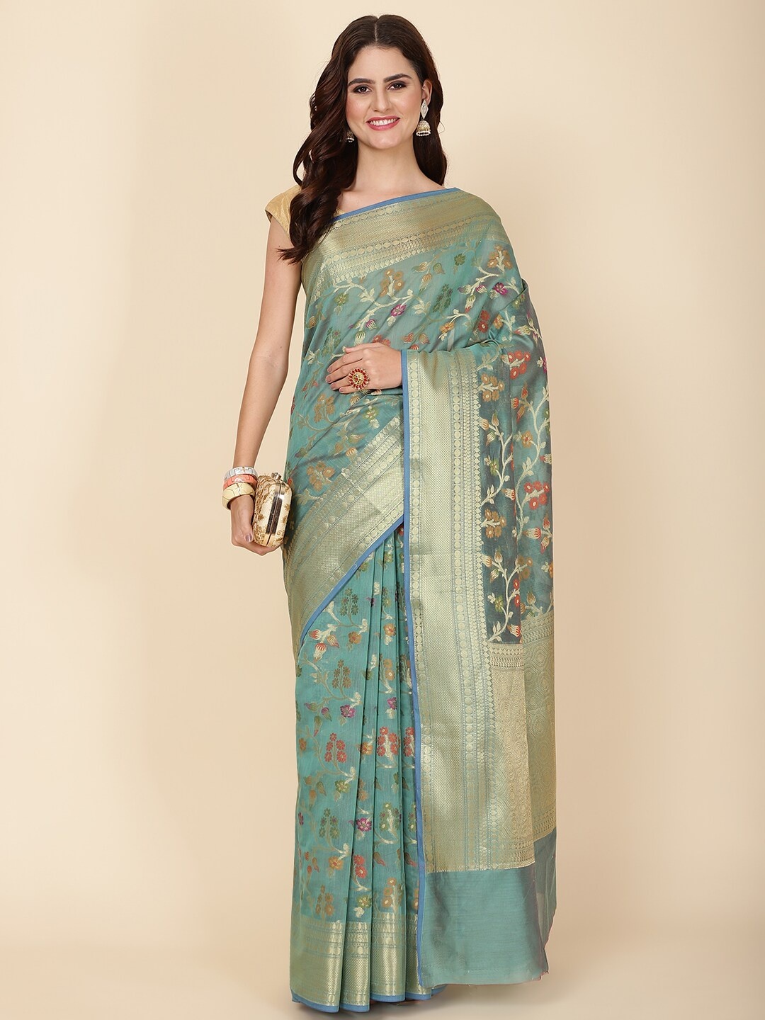

Meena Bazaar Floral Woven Design Zari Saree, Sea green