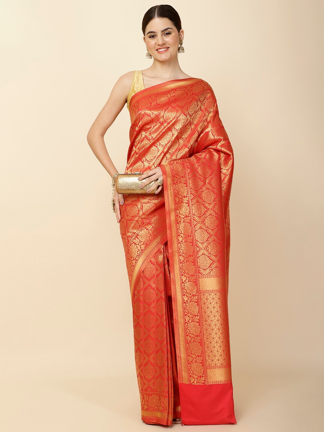 

Meena Bazaar Ethnic Motifs Woven Design Zari Saree, Red