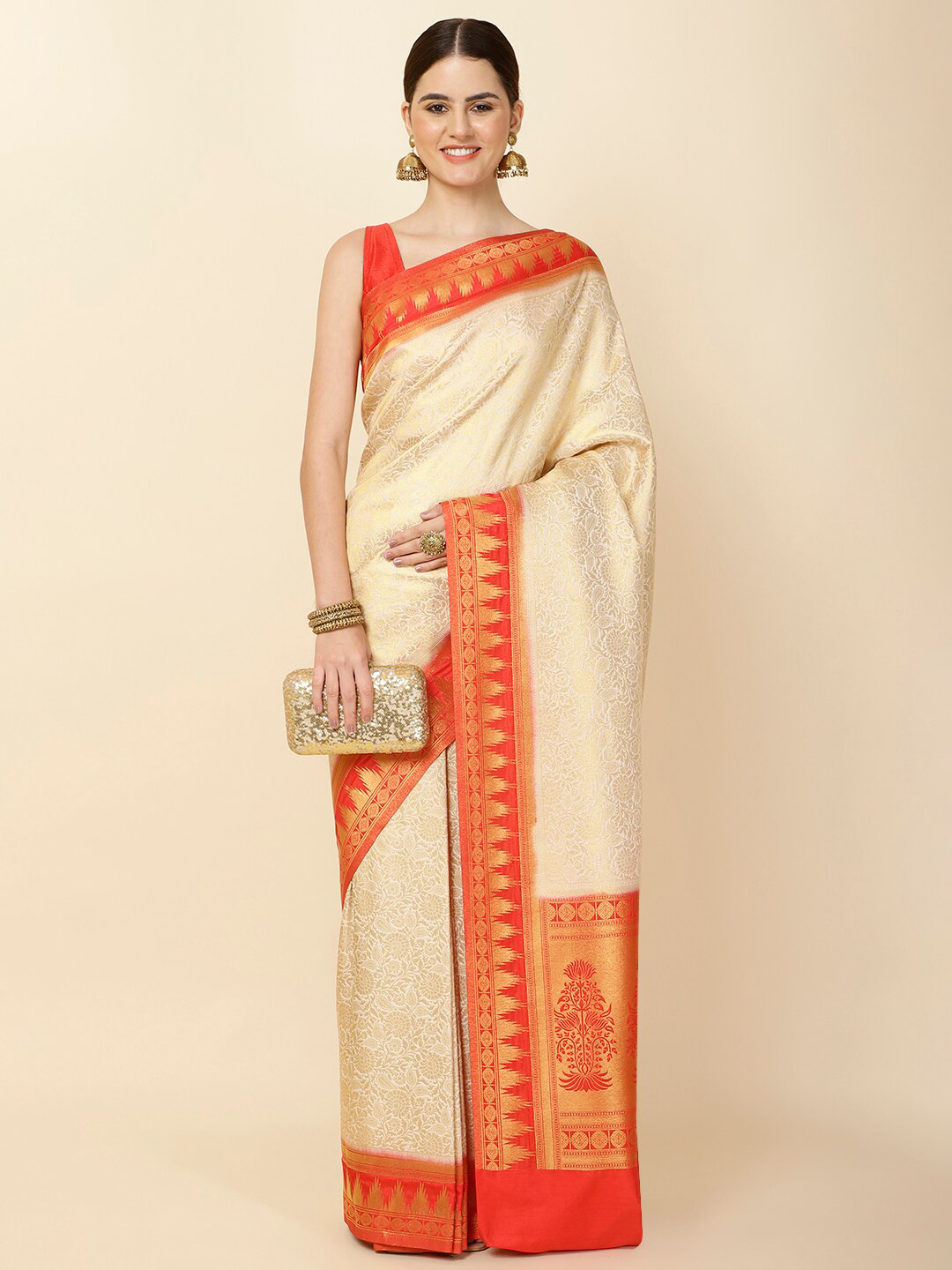 

Meena Bazaar Woven Design Zari Art Silk Saree, Beige