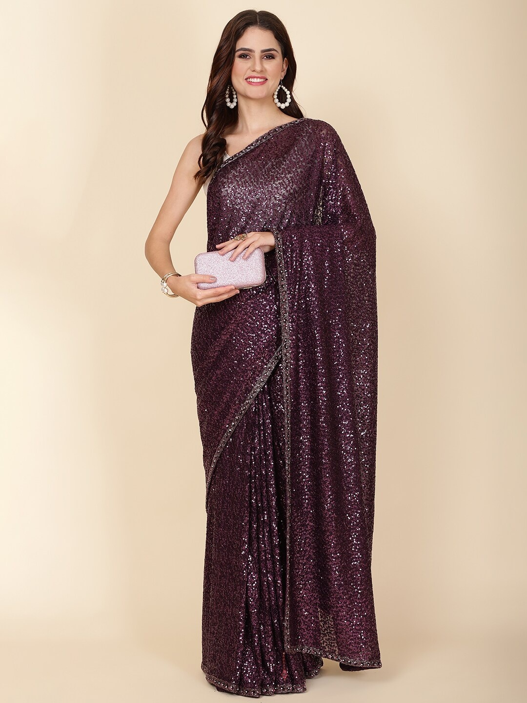 

Meena Bazaar Embellished Sequinned Net Saree, Purple