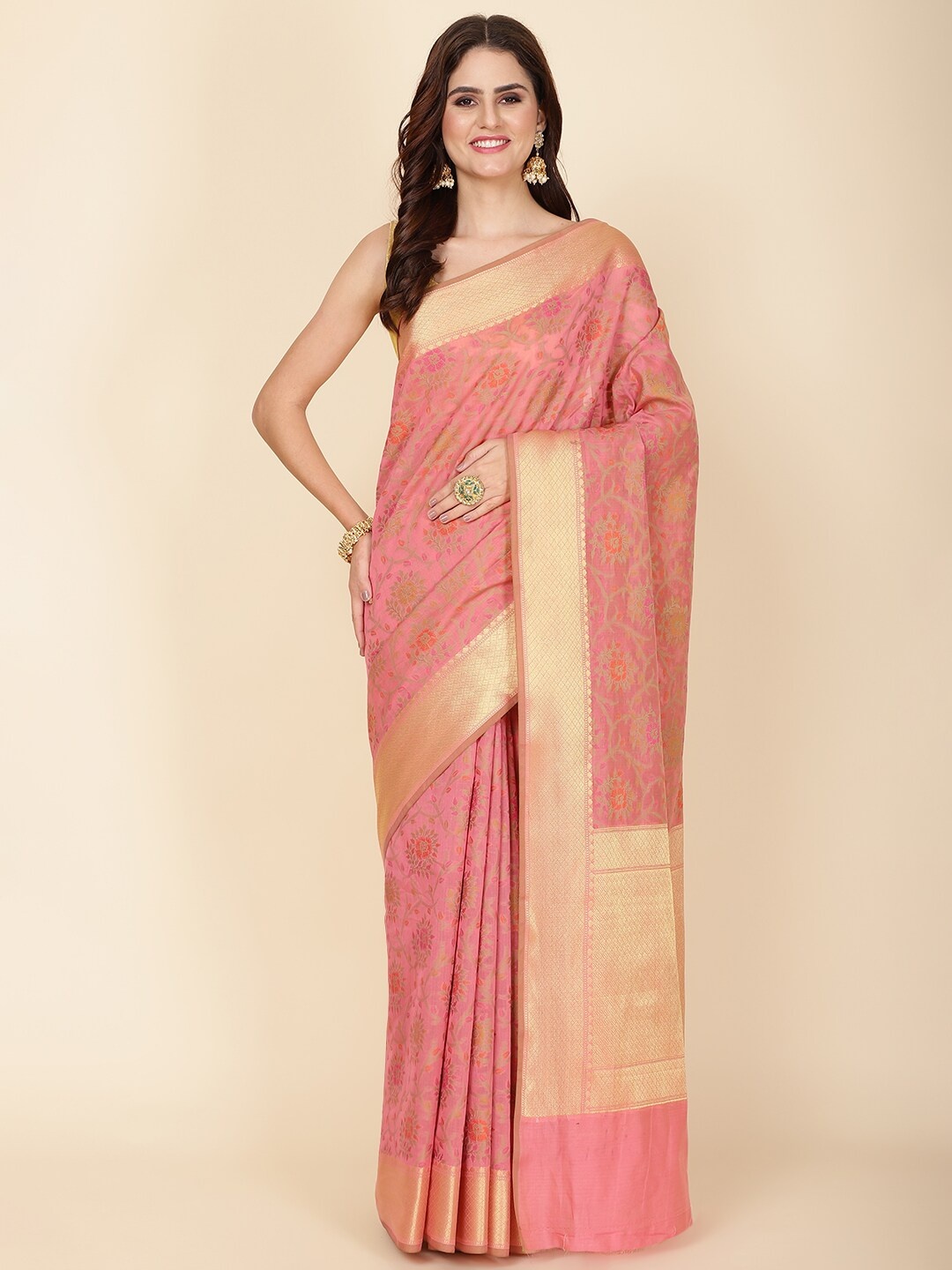 

Meena Bazaar Floral Woven Design Zari Saree, Pink