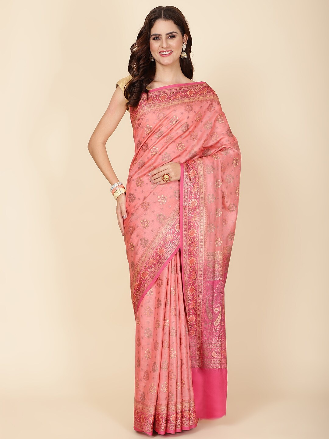 

Meena Bazaar Ethnic Motifs Woven Design Zari Art Silk Tussar Saree, Pink