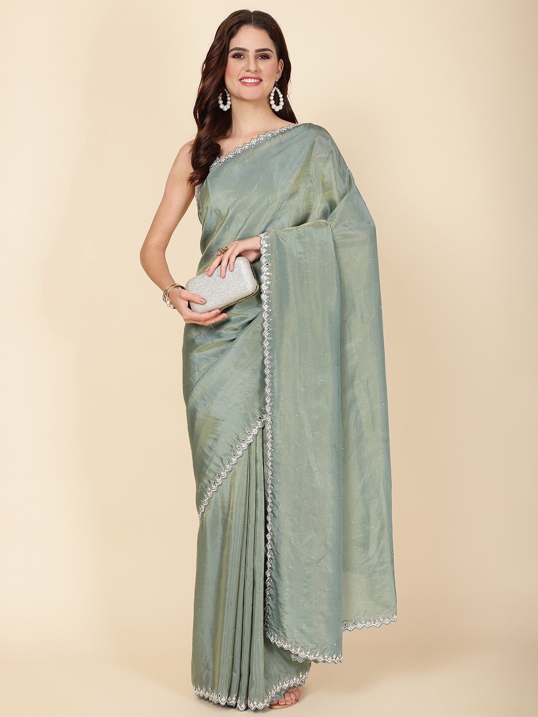 

Meena Bazaar Beads and Stones Embellished Tissue Saree, Sea green