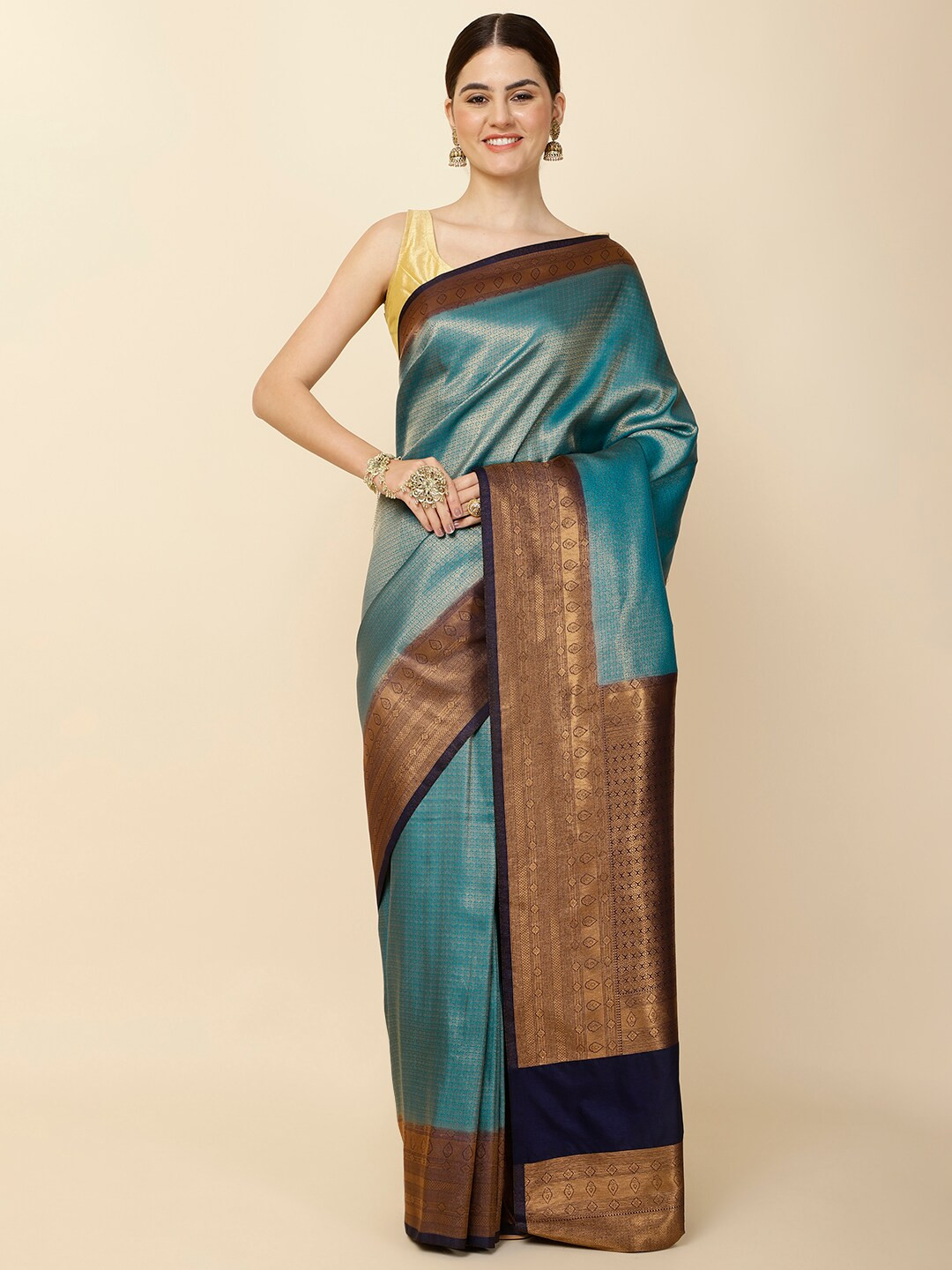 

Meena Bazaar Ethnic Motifs Woven Design Zari Saree, Blue