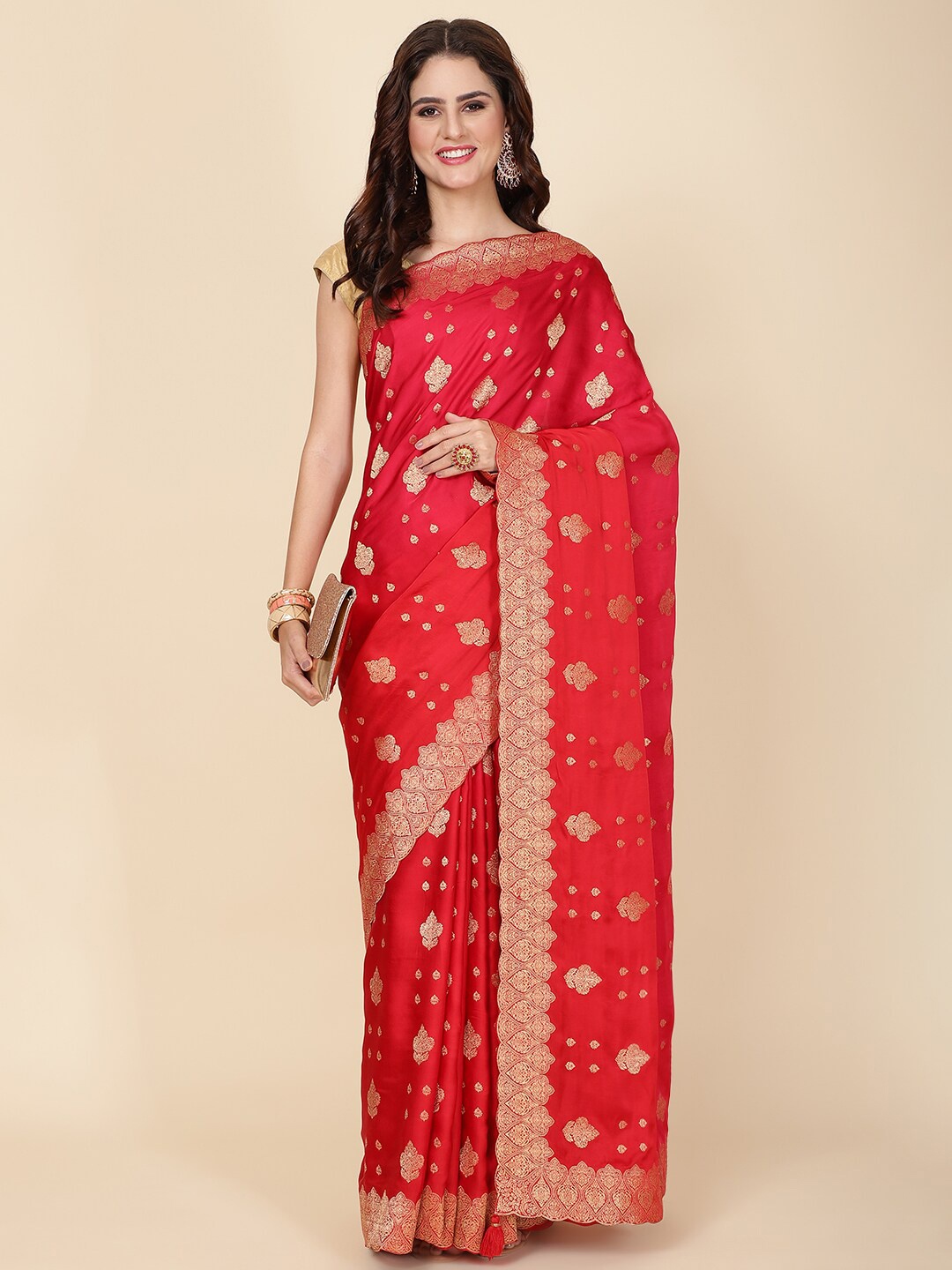 

Meena Bazaar Ethnic Motifs Woven Design Zari Satin Saree, Red