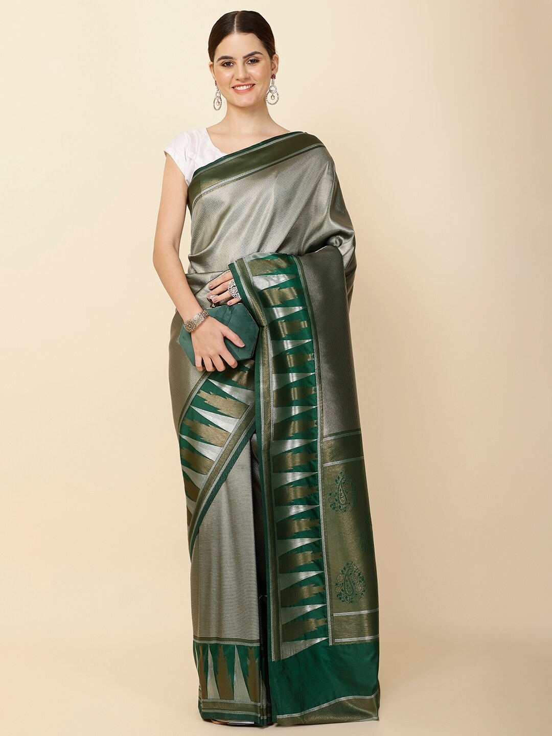 

Meena Bazaar Ethnic Motifs Woven Design Zari Saree, Green