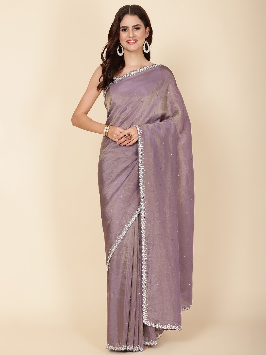 

Meena Bazaar Embellished Embroidered Tissue Saree, Lavender
