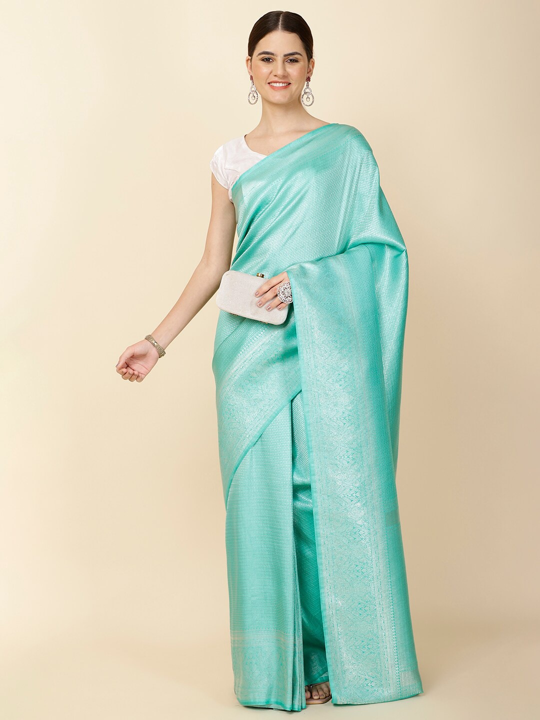

Meena Bazaar Floral Woven Design Zari Art Silk Saree, Sea green