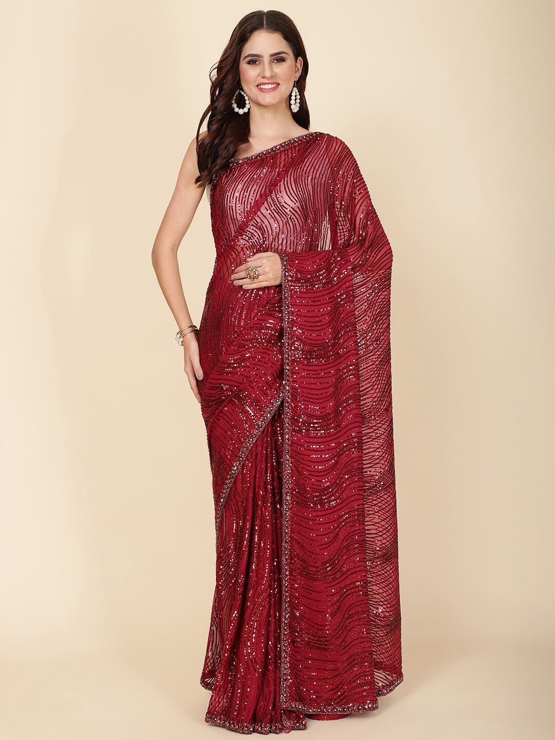 

Meena Bazaar Embellished Sequinned Net Saree, Maroon