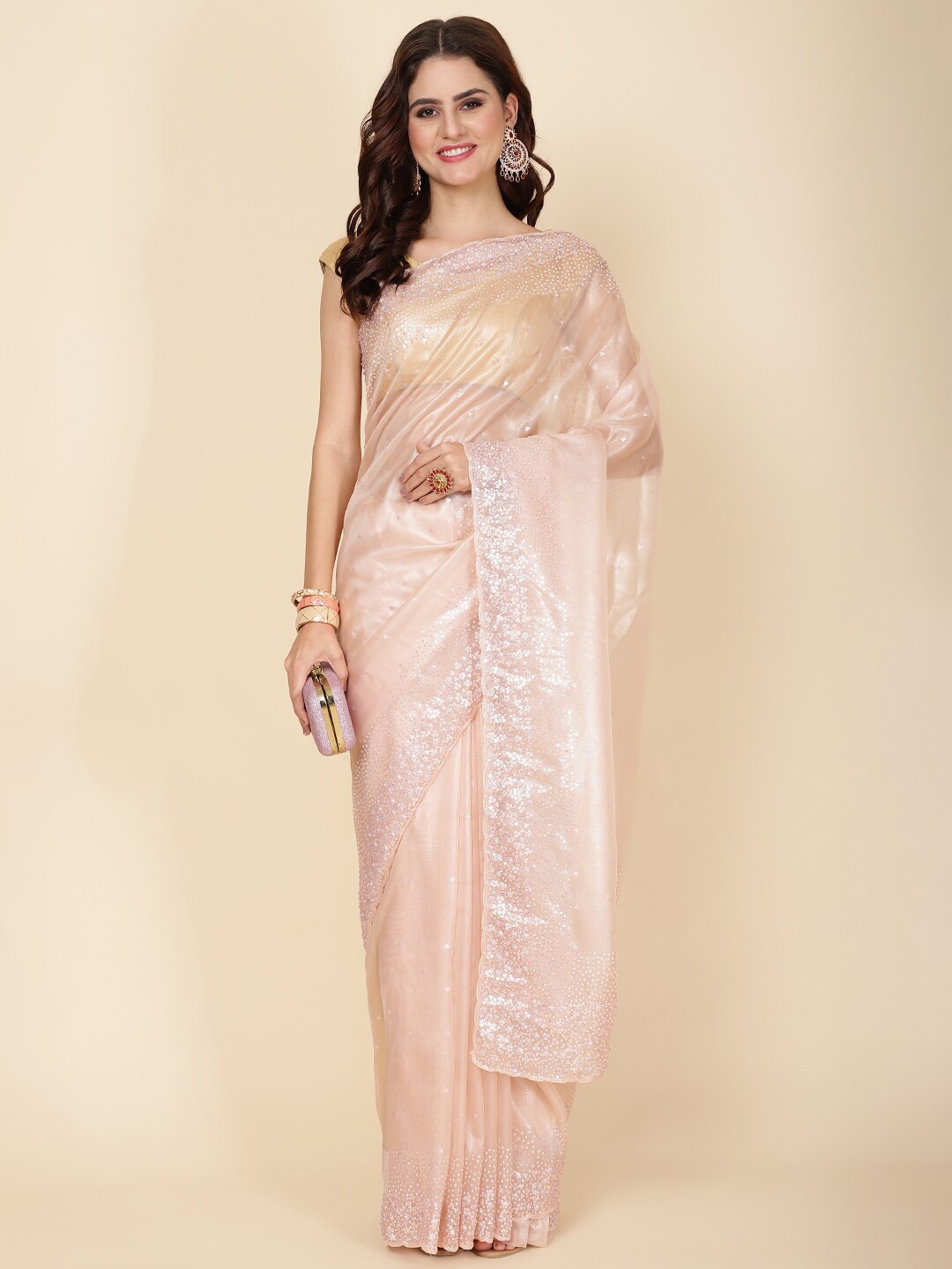 

Meena Bazaar Embellished Sequinned Tissue Saree, Peach