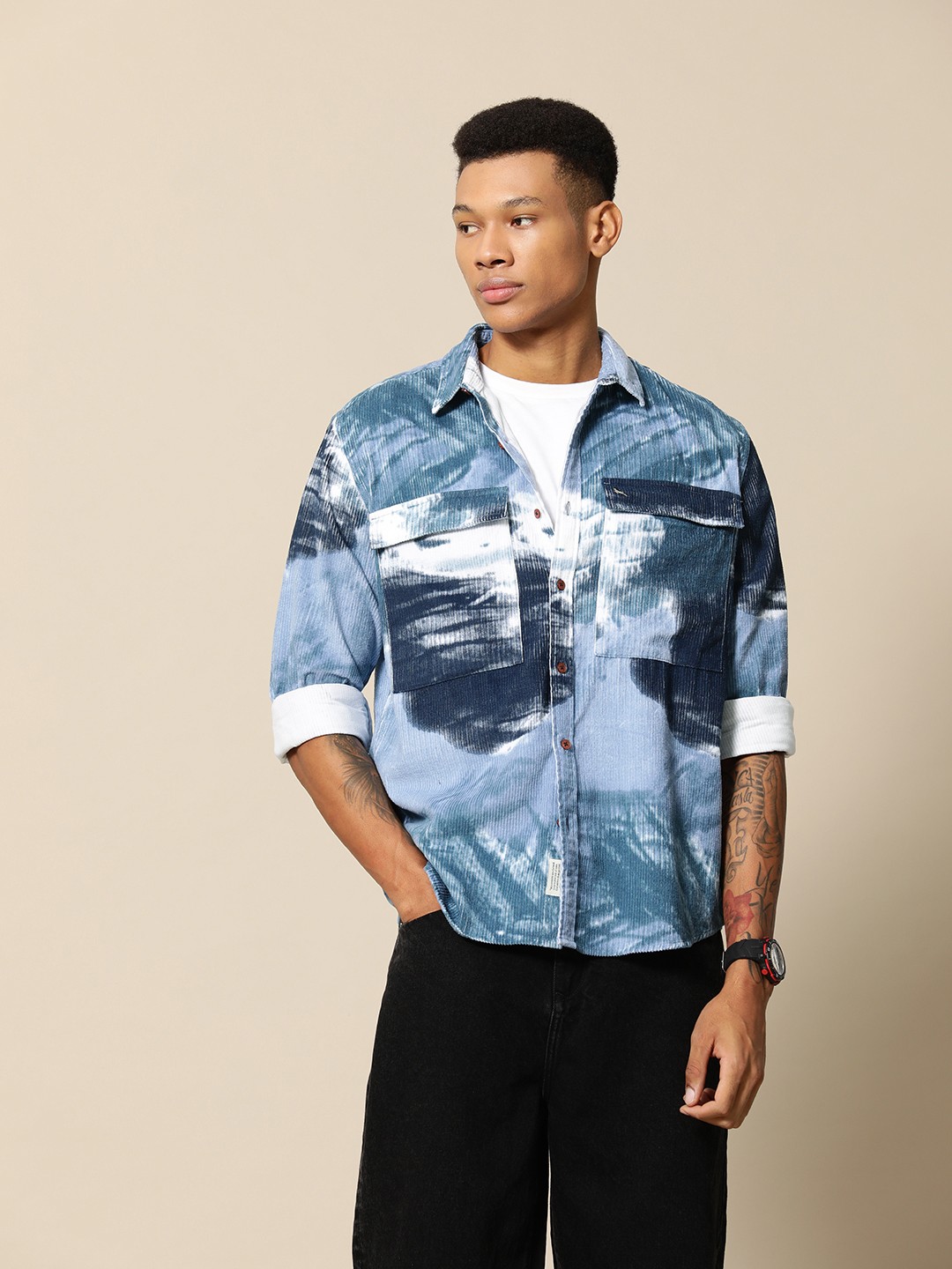 

Mr Bowerbird Men Premium Faded Oversized Pure Cotton Corduroy Casual Shirt, Blue