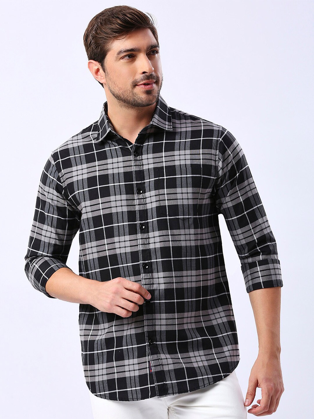 

HJ HASASI Tartan Checked Cotton Casual Shirt, Black