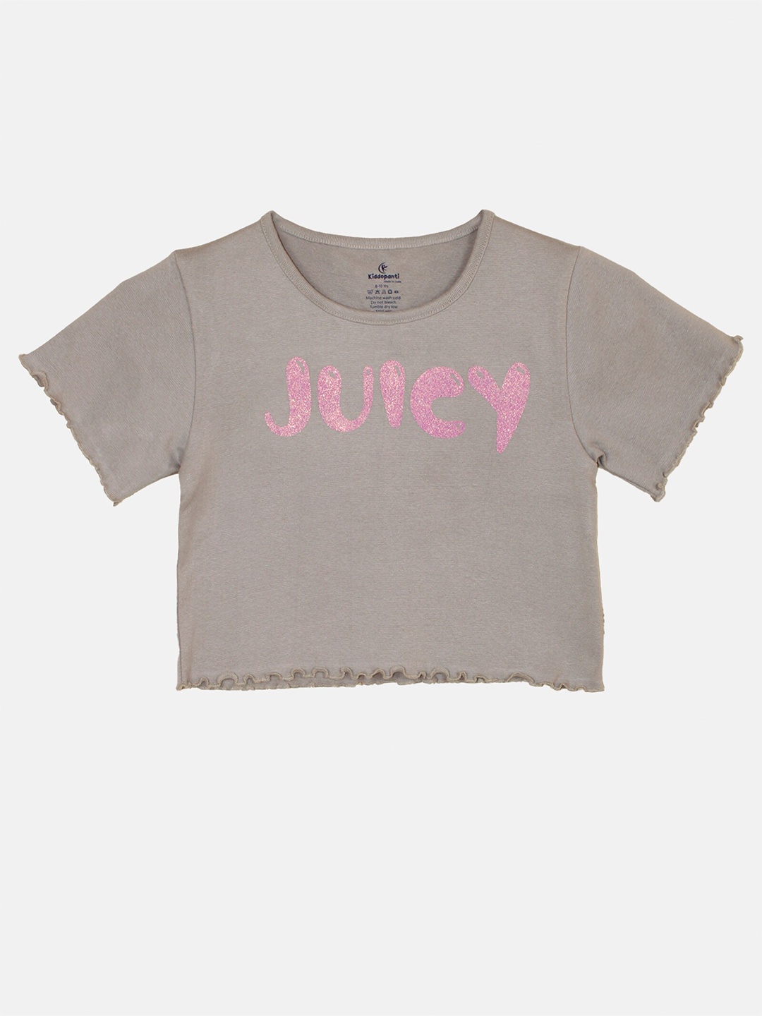 KiddoPanti Girls Typography Printed Pure Cotton Crop T-shirt, Grey