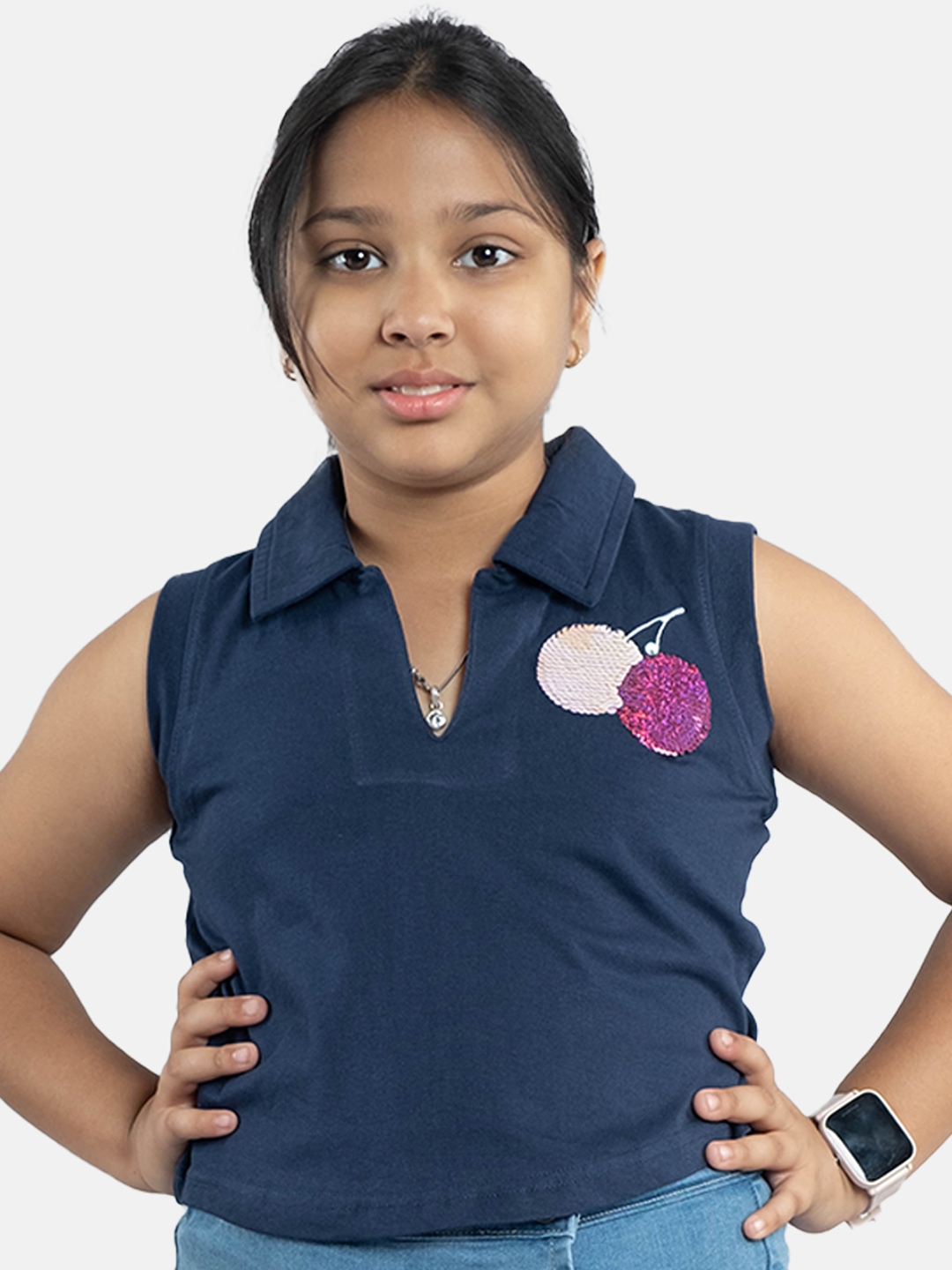 

KiddoPanti Girls Polo Collar Pure Cotton Embellished Crop T-shirt, Navy blue