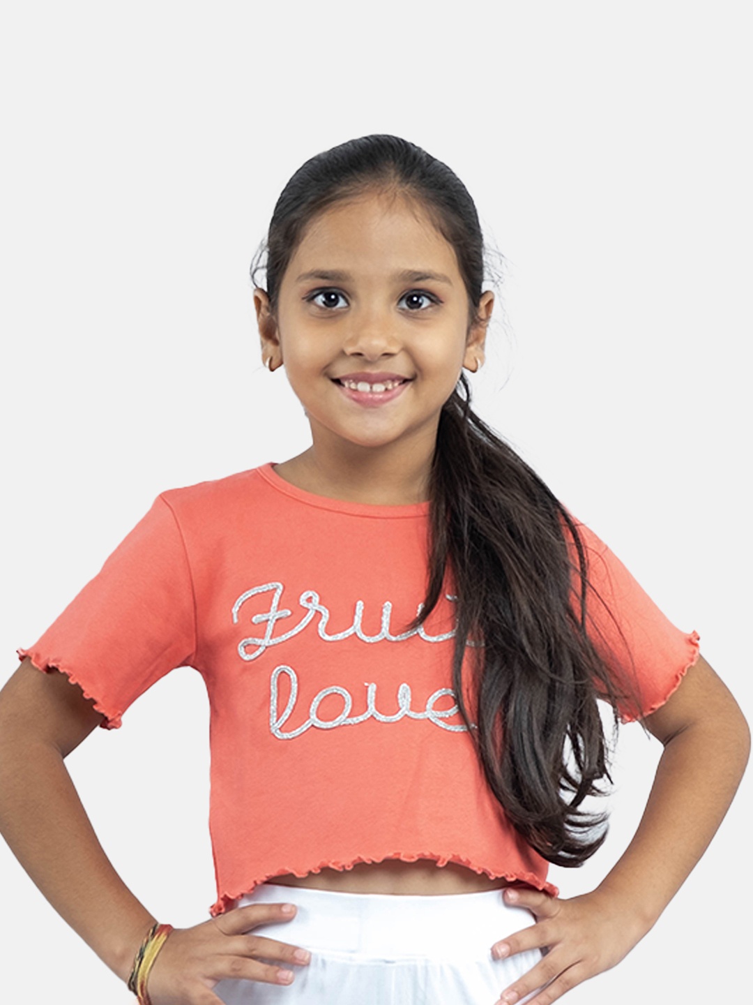 

KiddoPanti Girls Typography Printed Pure Cotton Crop T-shirt, Coral